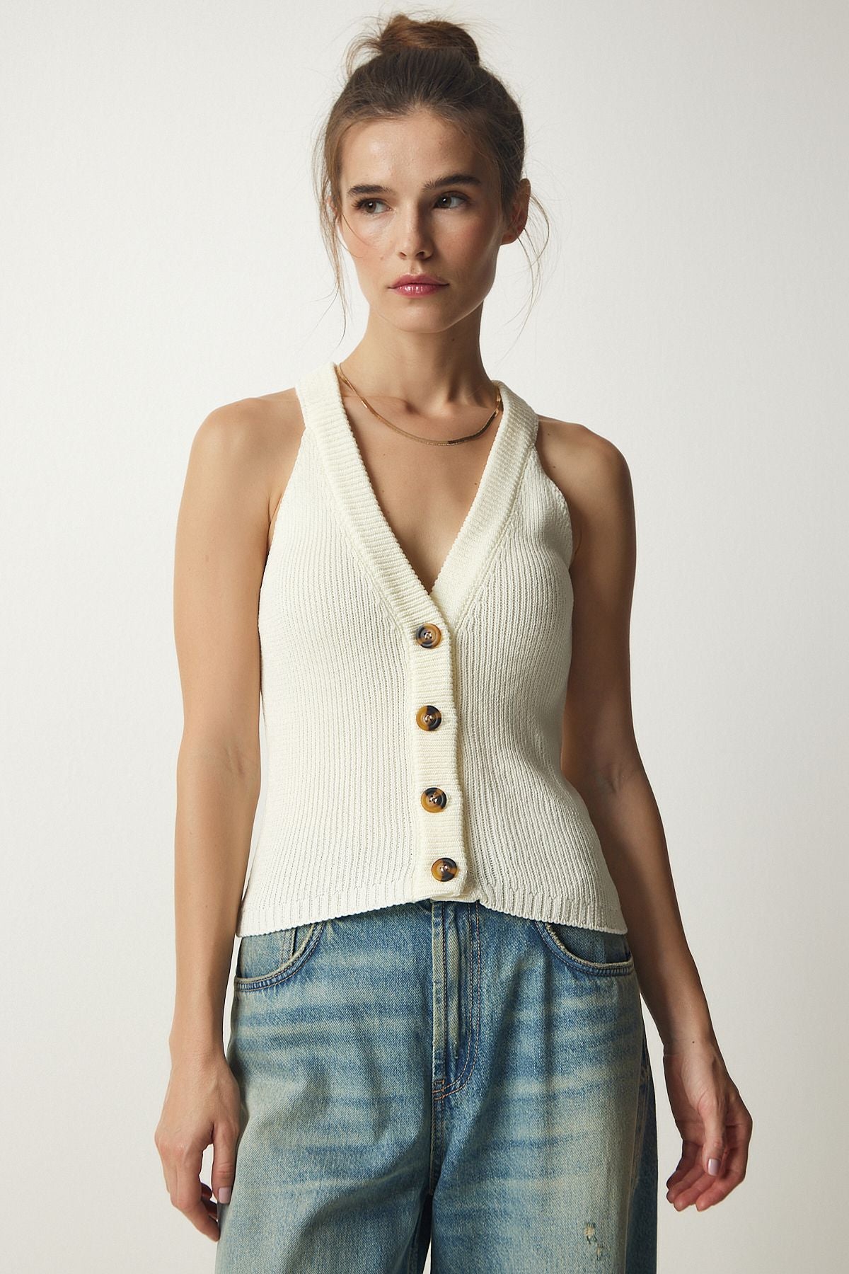 Female Ecru Weightlifting Knitwear Triko Vest FN03118