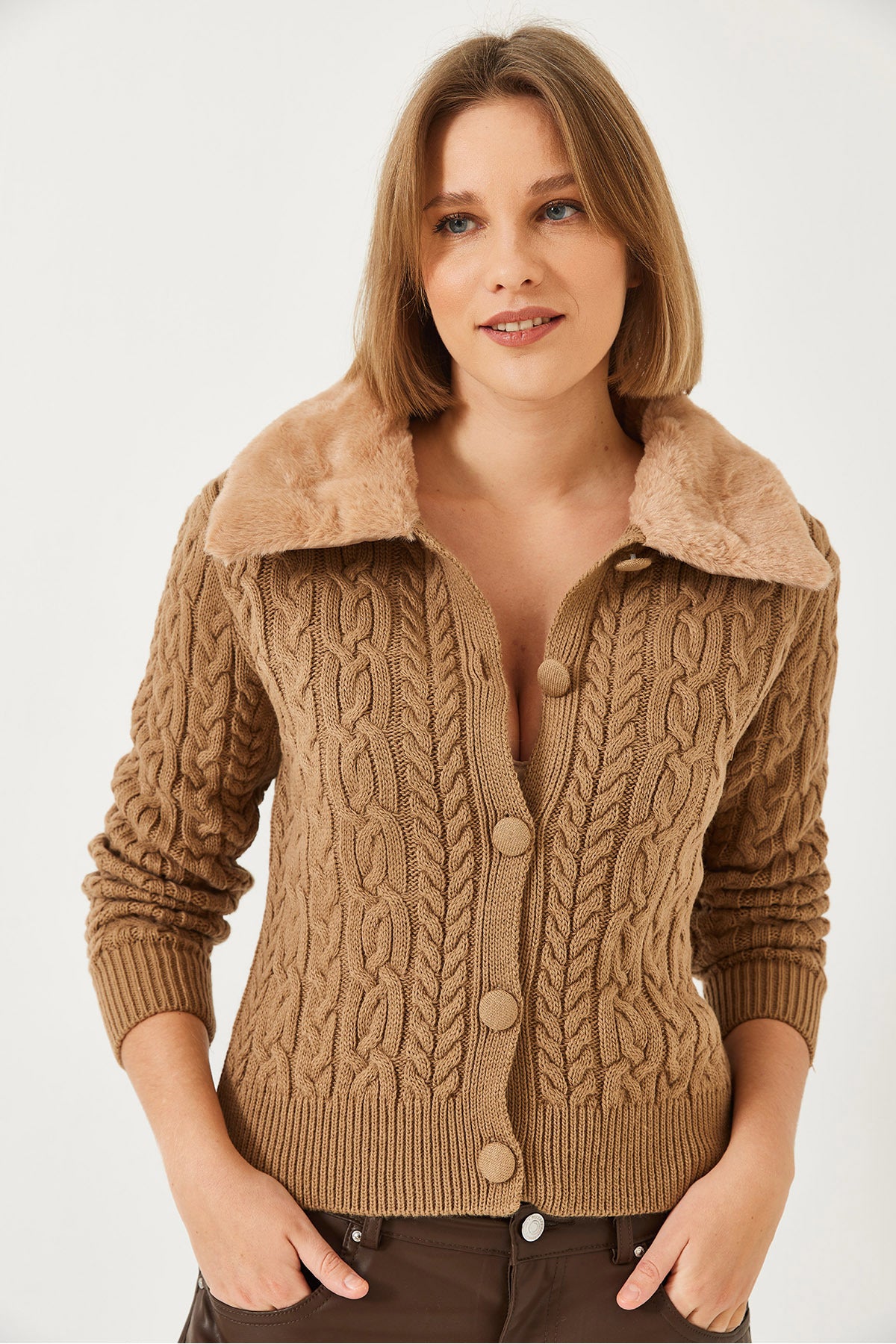 Women's Braided Fur Collar Knitwear Cardigan 20234512