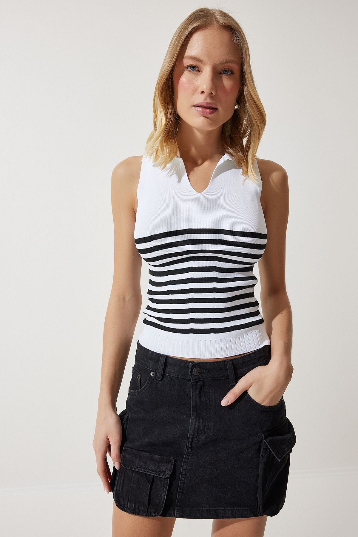Woman White Polo Yaka striped knitwear blouse OW00037