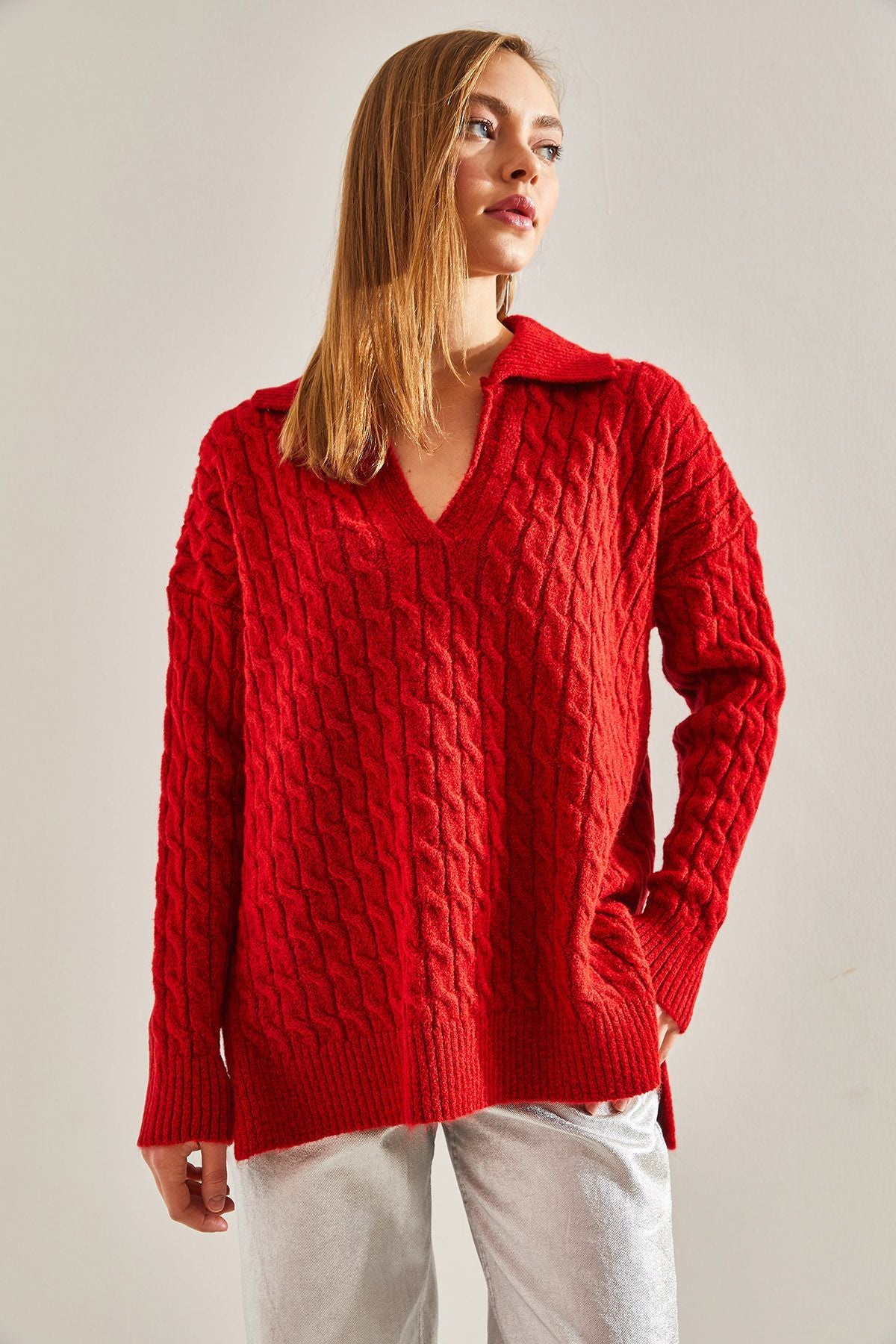 WOMEN V -neck patterned knitwear sweater