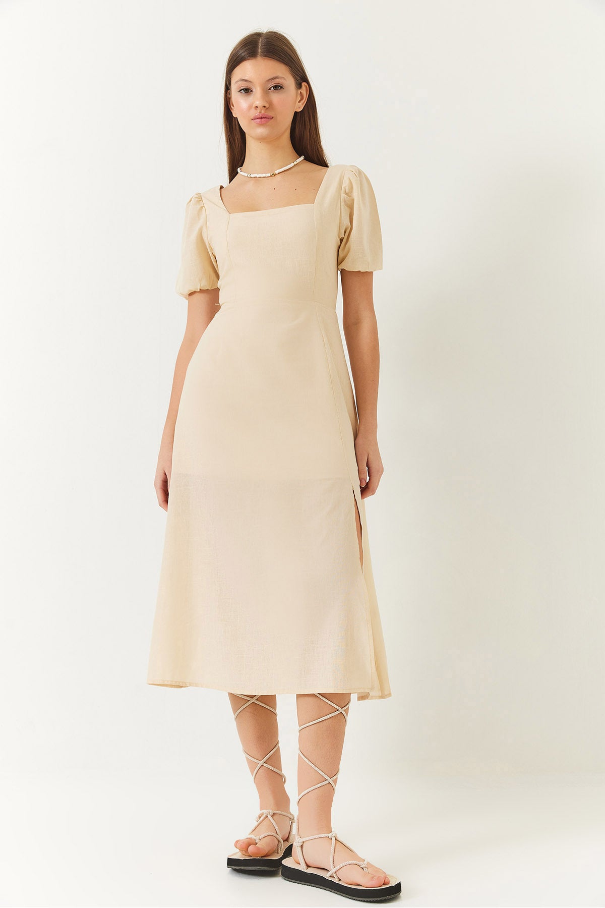 Women's Watermelon Sleeve Square Neck Back Detailed Slit Linen Dress 35174 60261427