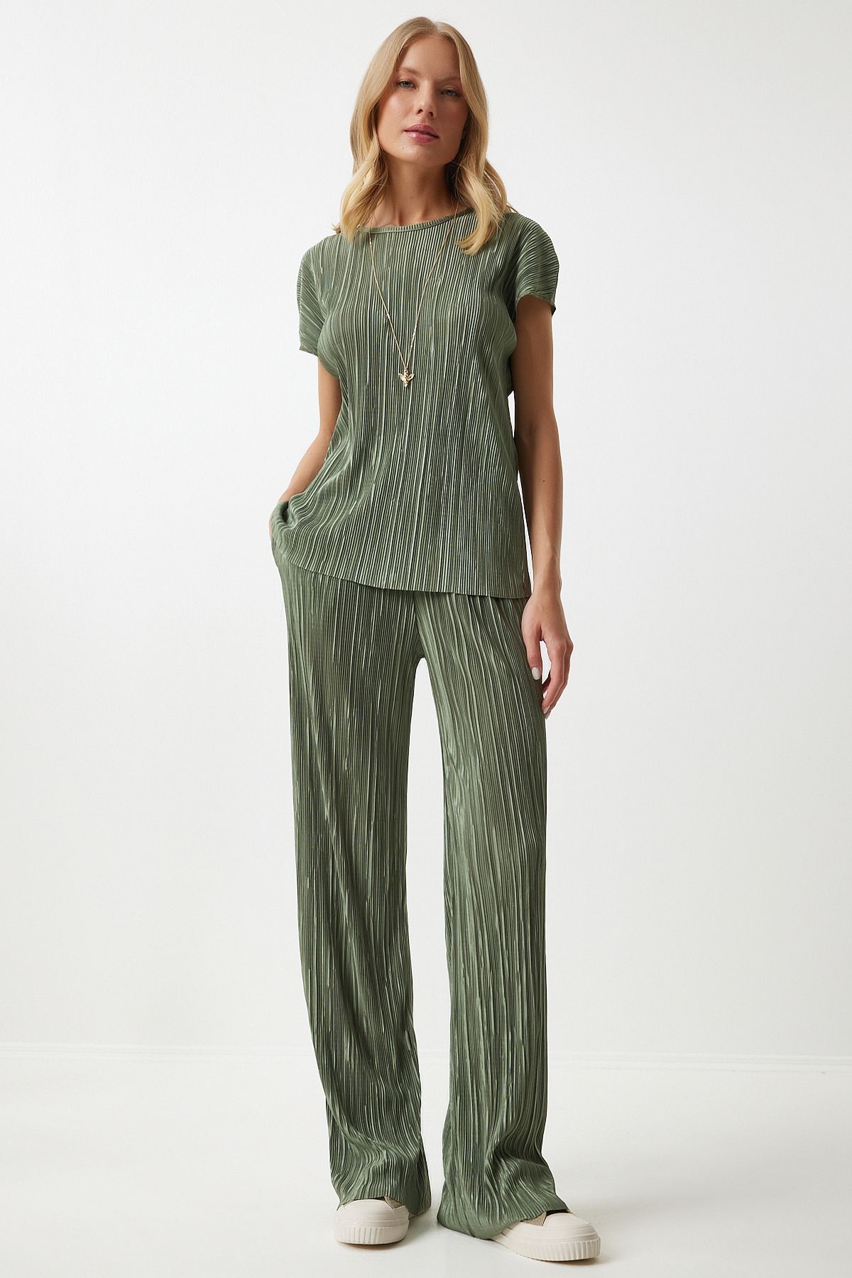 Female Cagla Green Pilisle Casual Blouse Pants Set Mc00283