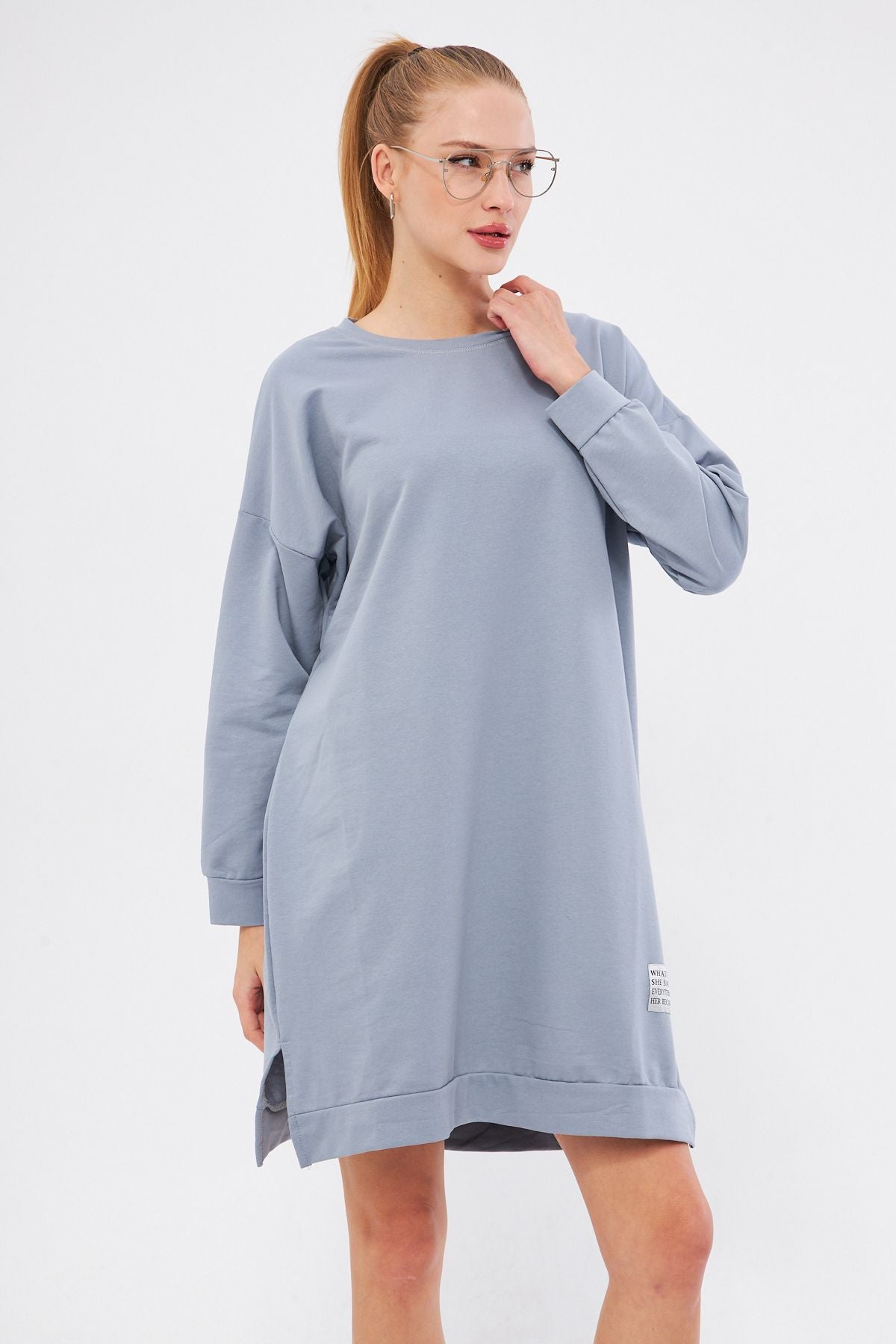 Kadın Gri Bisiklet Yaka Yanları Yırtmaçlı Tunik Sweatshirt ARM-25K001022