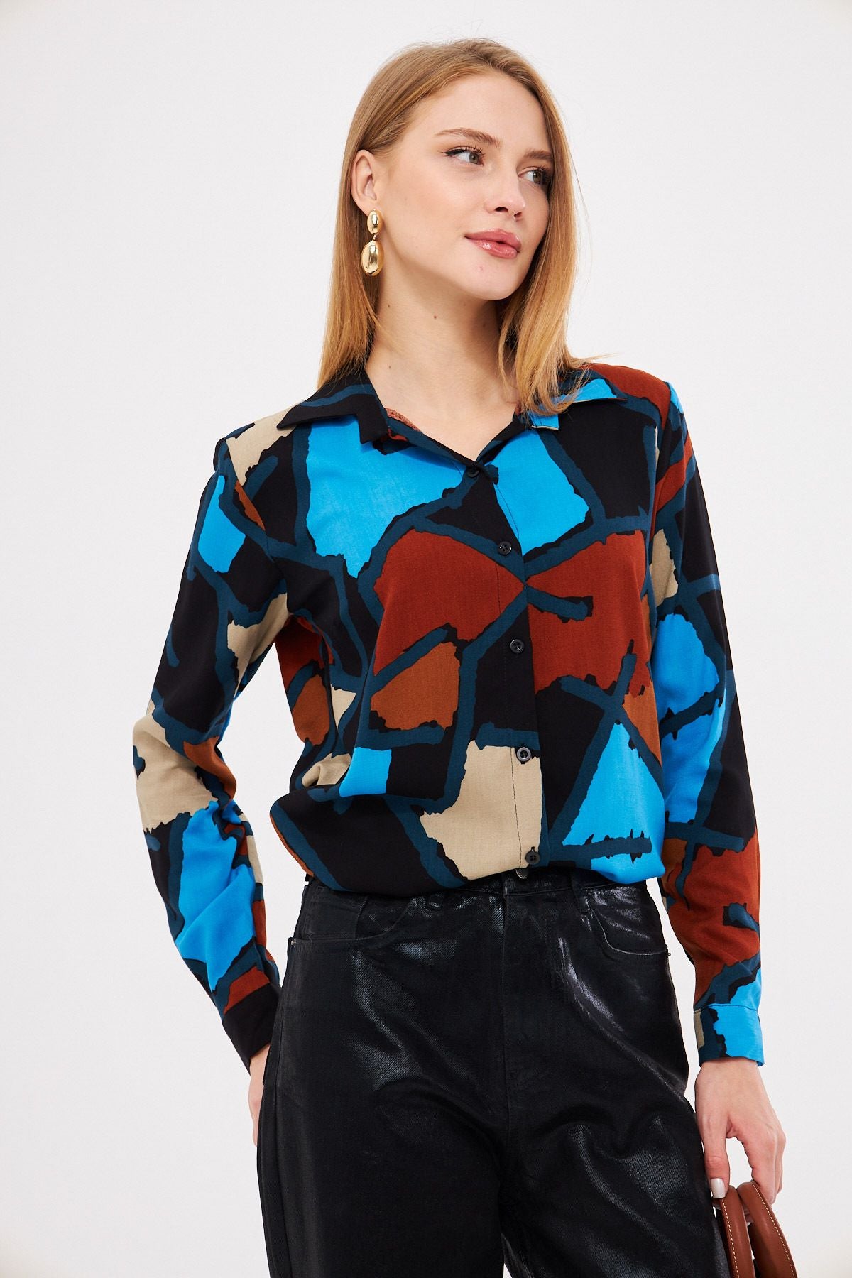 Women's Blue Patterned Long Sleeve Shirt ARM-25K001040