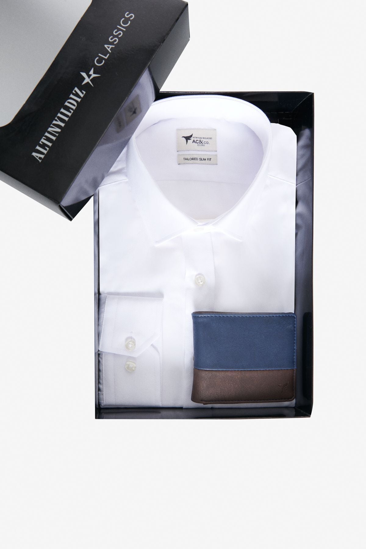 Men's White-Navy Blue-Brown Special Gift Boxed Slim Fit Cotton Shirt-Wallet Set