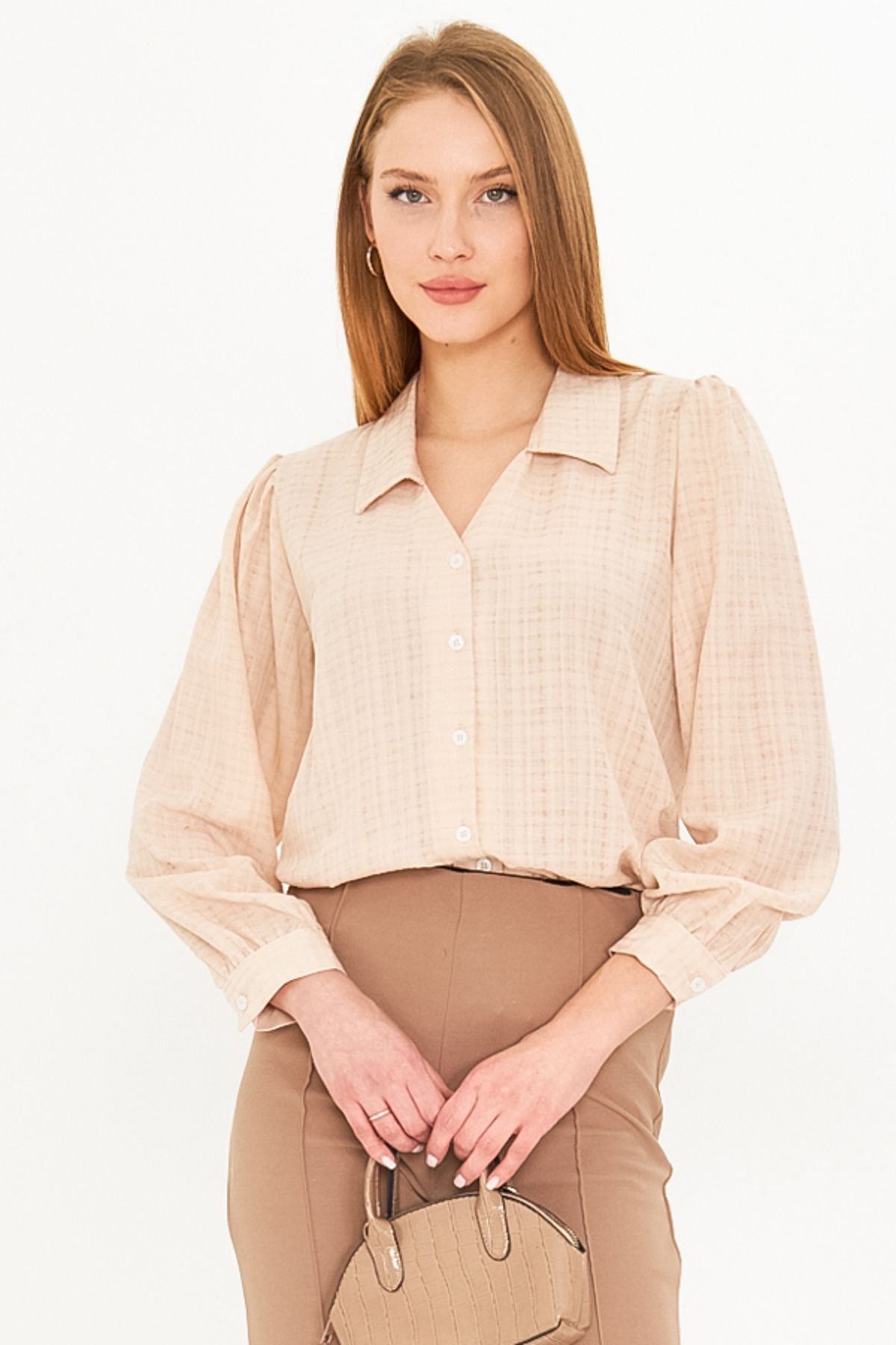 Women's Cream V-Neck Balloon Sleeve Bürümcük Shirt ARM-25K001088