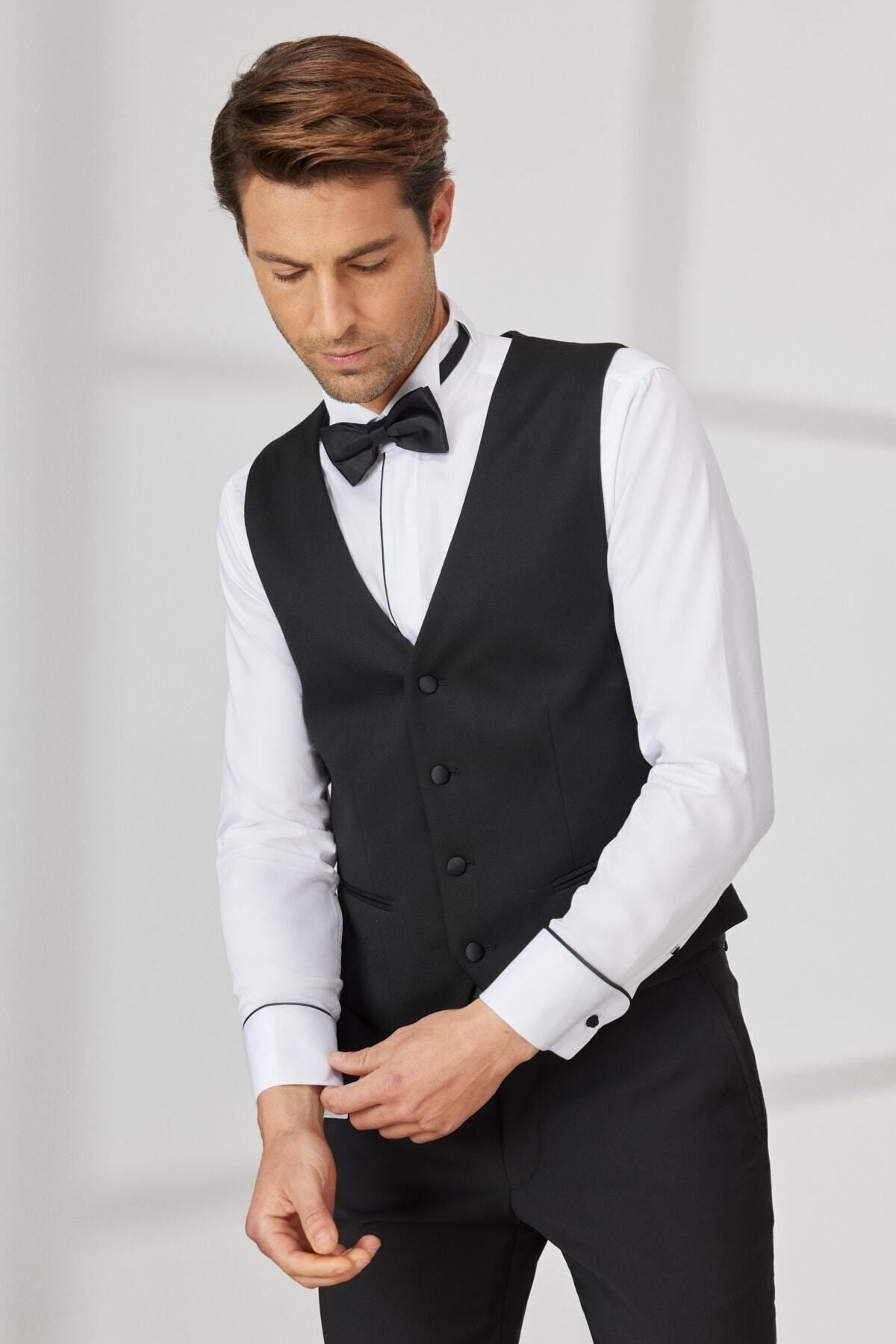 Men's Black Slim Fit Narrow Cut V -Neck Classic Vest