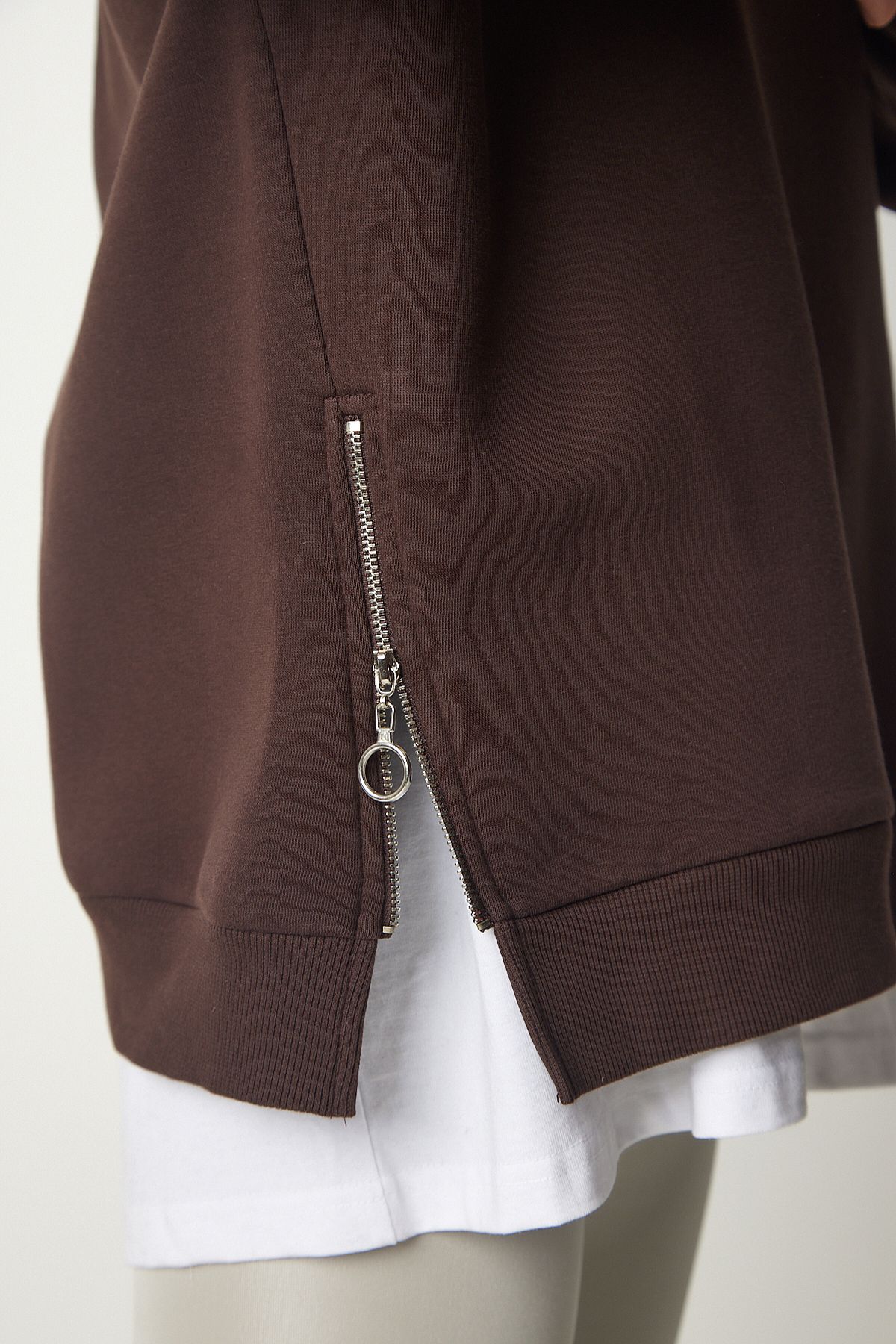 Female Brown Zipper Detailed Reddon Knitting Sweatshirt UB00148