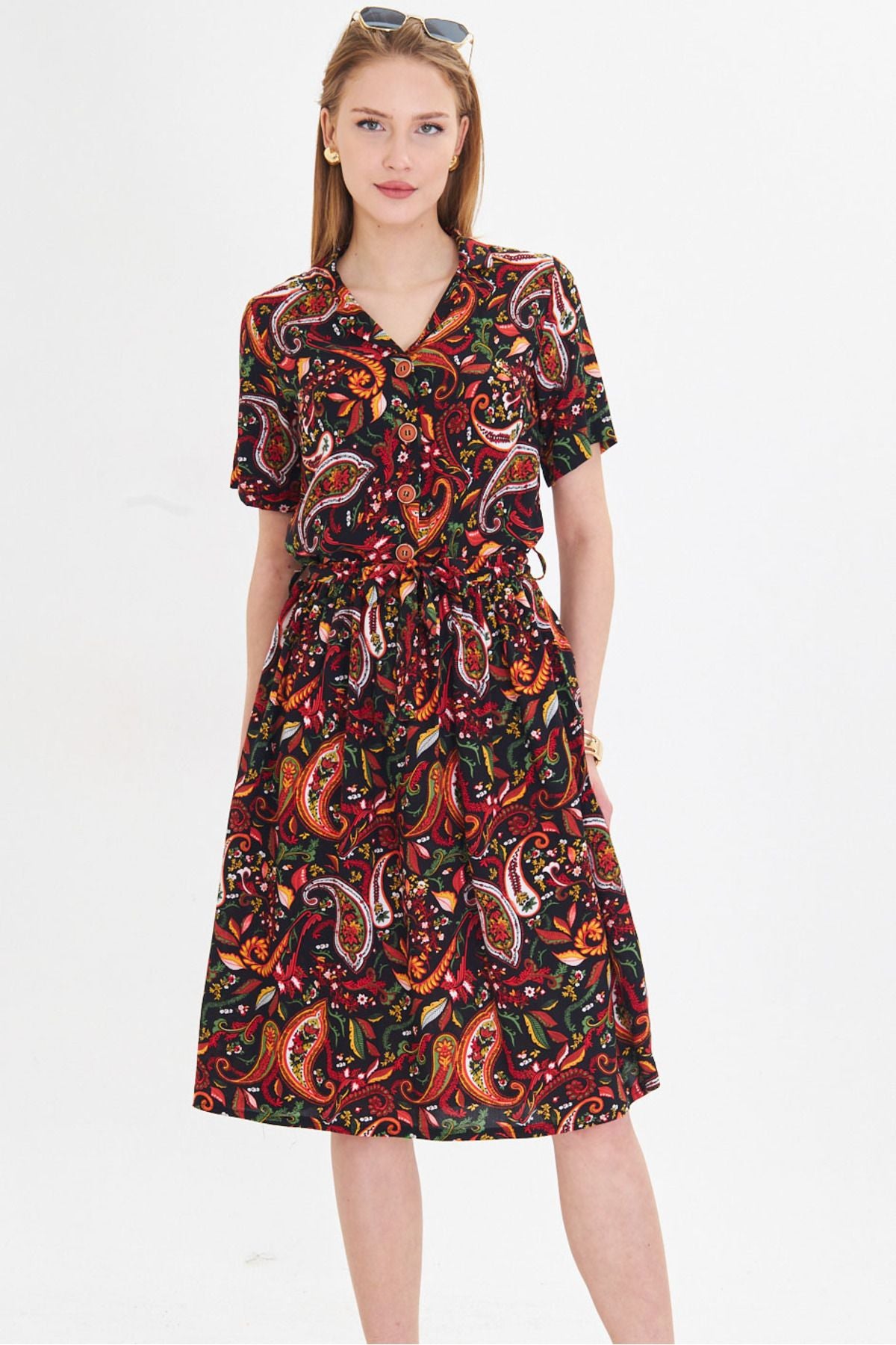 Female Mercan front buttoned waist shirred belt midi size dress ARM-24Y001068