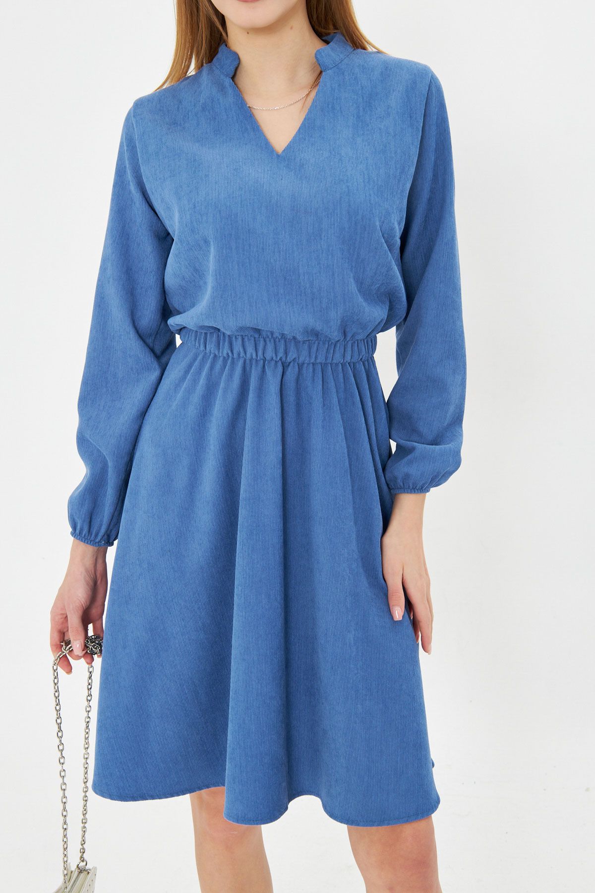 Female indigo velvet v-neck waist tire thin wniplous dress ARM-25K001049