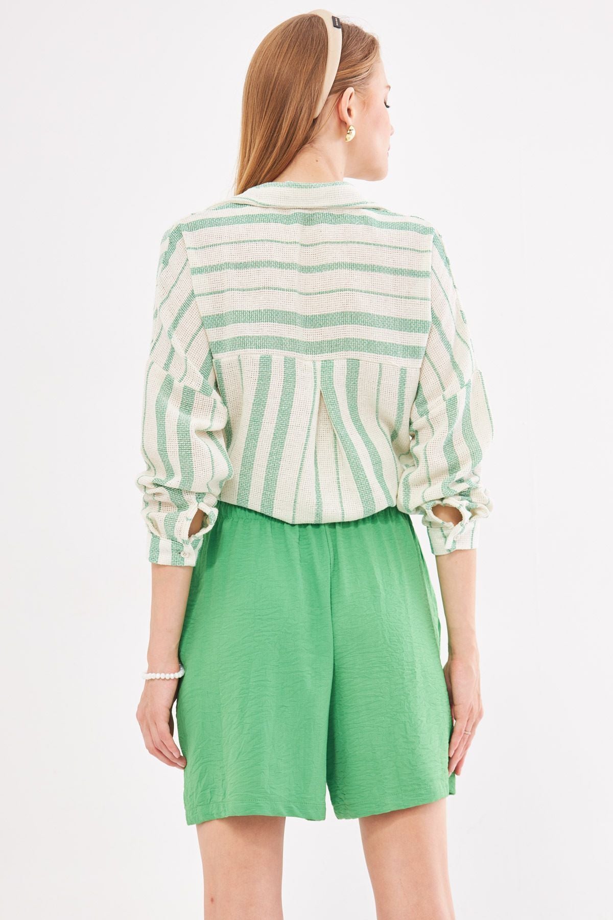 Woman Light Green Long Sleeve Pocket detailed back Pleeled striped Oversize shirt ARM-24Y001053