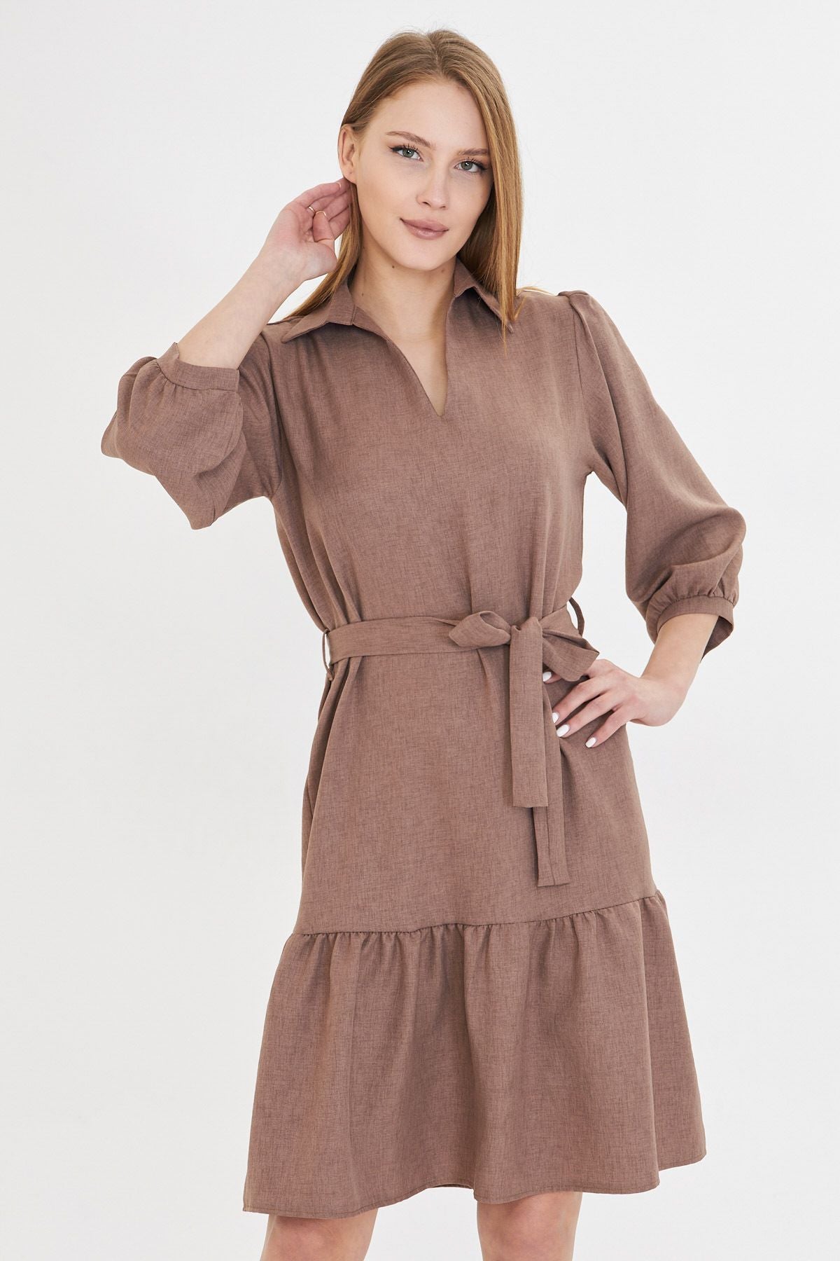 Female mink shirt collar quarter arm waist belt skirt shirred dress ARM-25Y001010
