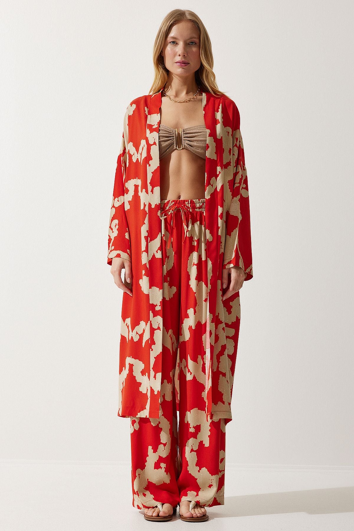 Female Oranj Beige Patterned Viscose Kimono Palazzo Pants Set CI00086