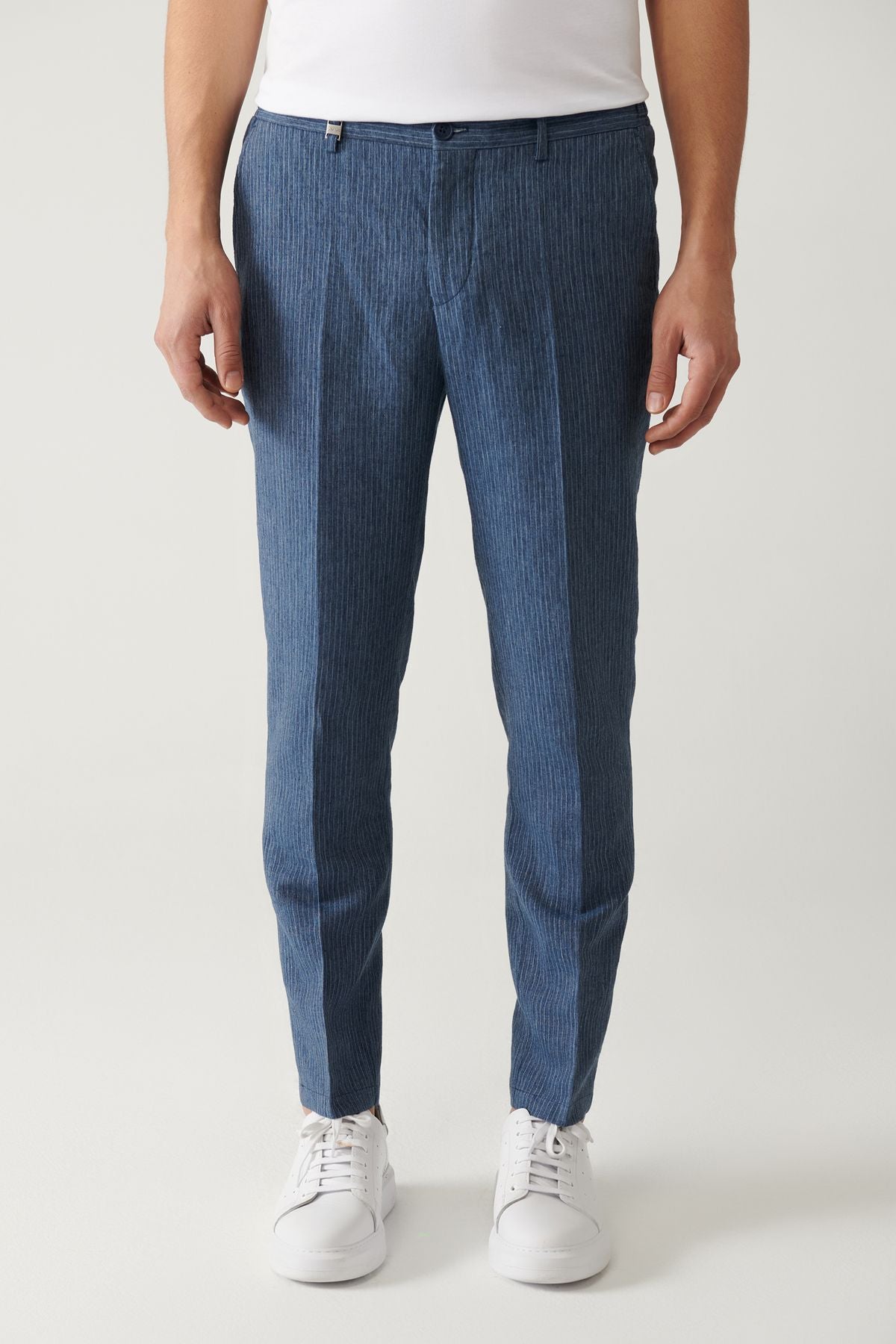 Men's Blue Waist Linen Mixed Linen Touch Suit Pants A41y3260