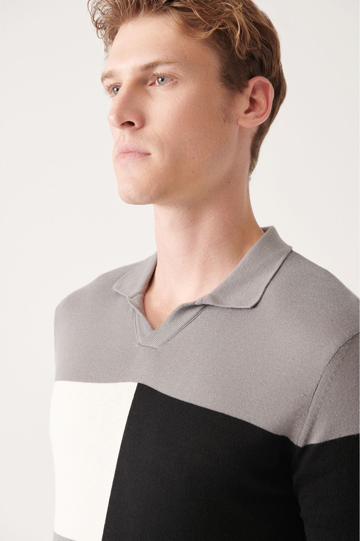 Men's Gray Cotton Block Color Polo Yaka Triko T-Shirt A31y5126
