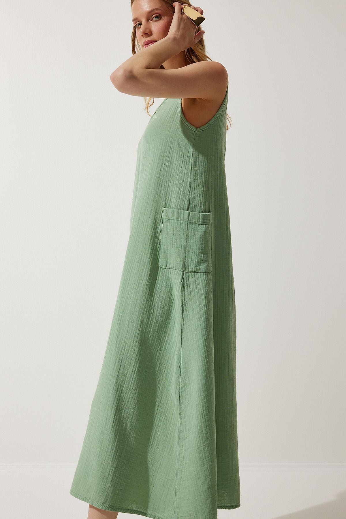 Women's Cagla Green Wide Pocket Summer House Muslin Dress Sa00022