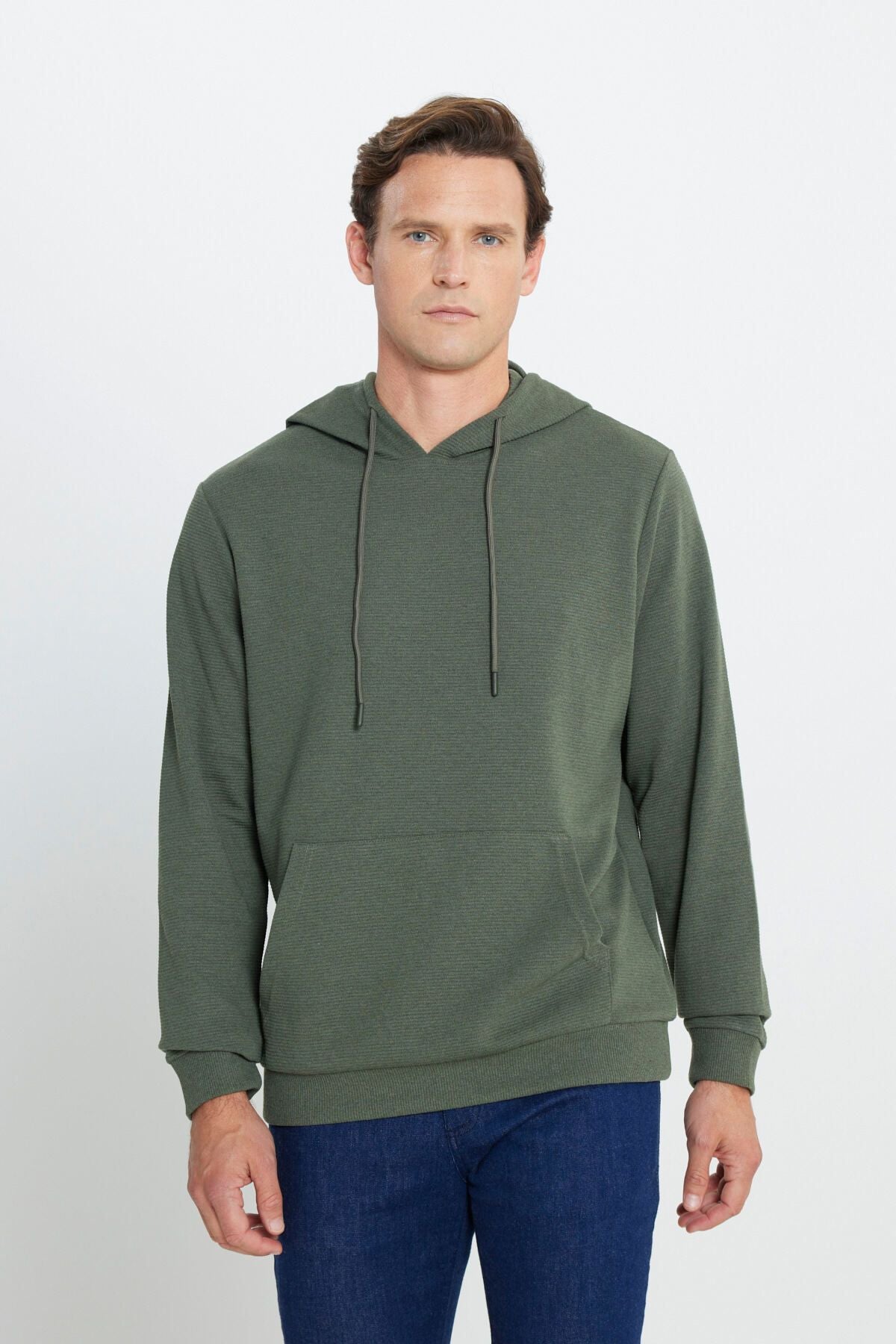 Men's Khaki 2 Yarn Hot Standard Fit Normal Normal Cut Hooded Ottoman patterned Sweatshirt