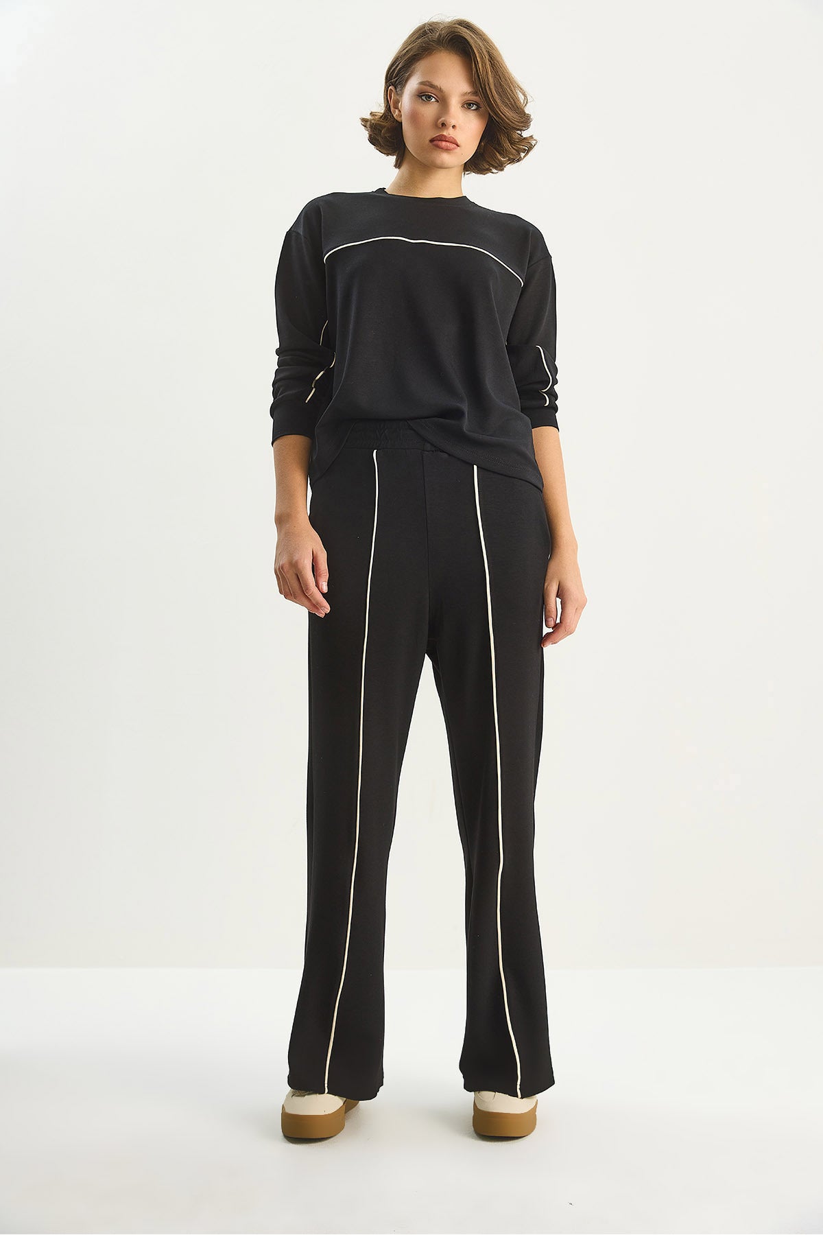 Women's Bikini Neck Long Sleeve Top Elastic Waist Loose Bottom Bias Detailed Modal Suit 60283620