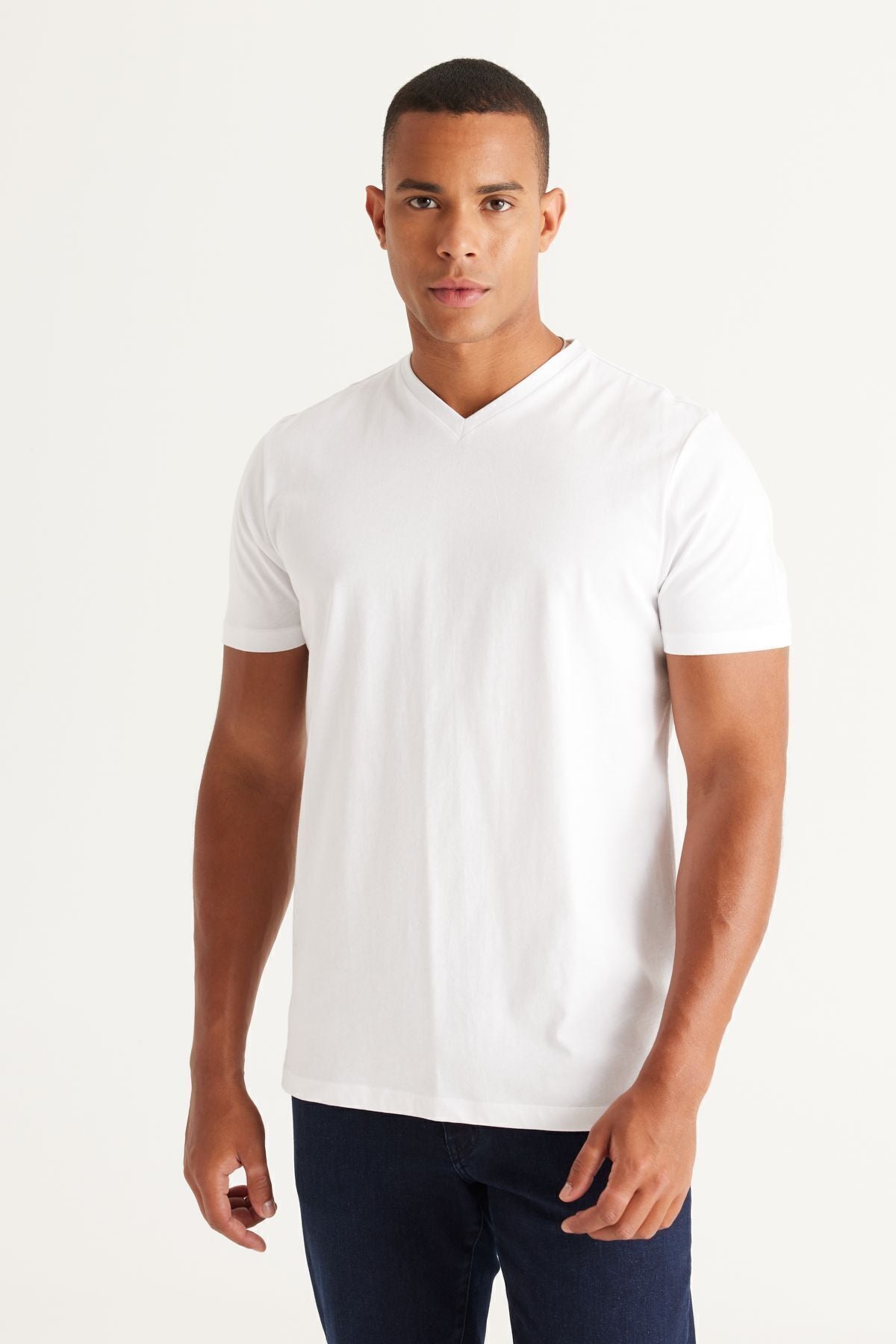 Men's Mınt-White 2 Plot Slim Fit Narrow Cut Cotton Basic T-shirt