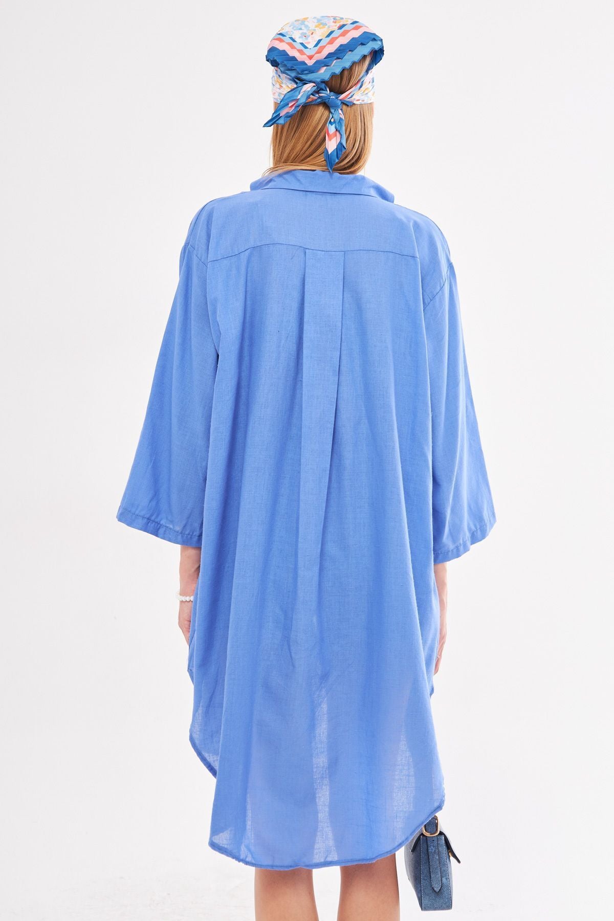Female indigo front-binding thin linen fabric midi height kimono shirt ARM-24Y001081