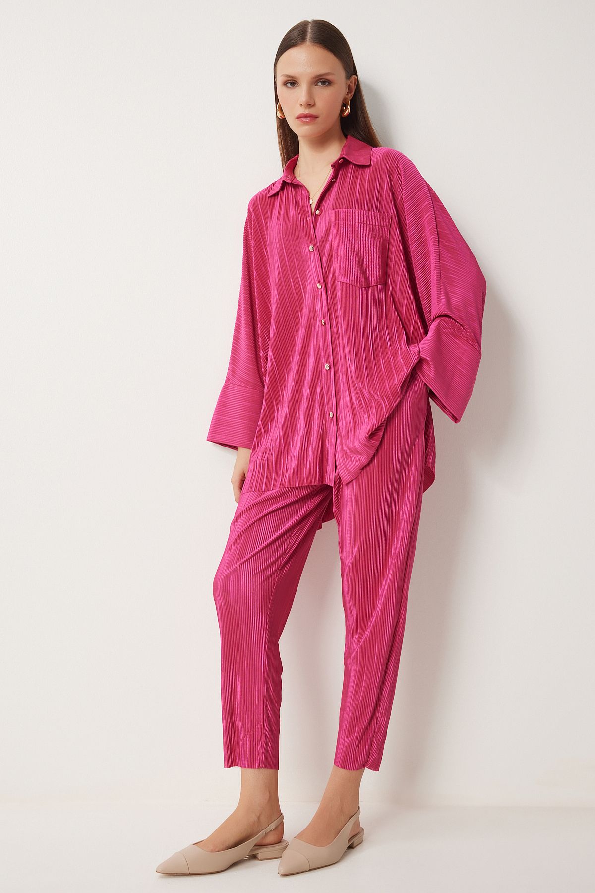 Woman Pink Stylish button pants with puffy pants set FN03234