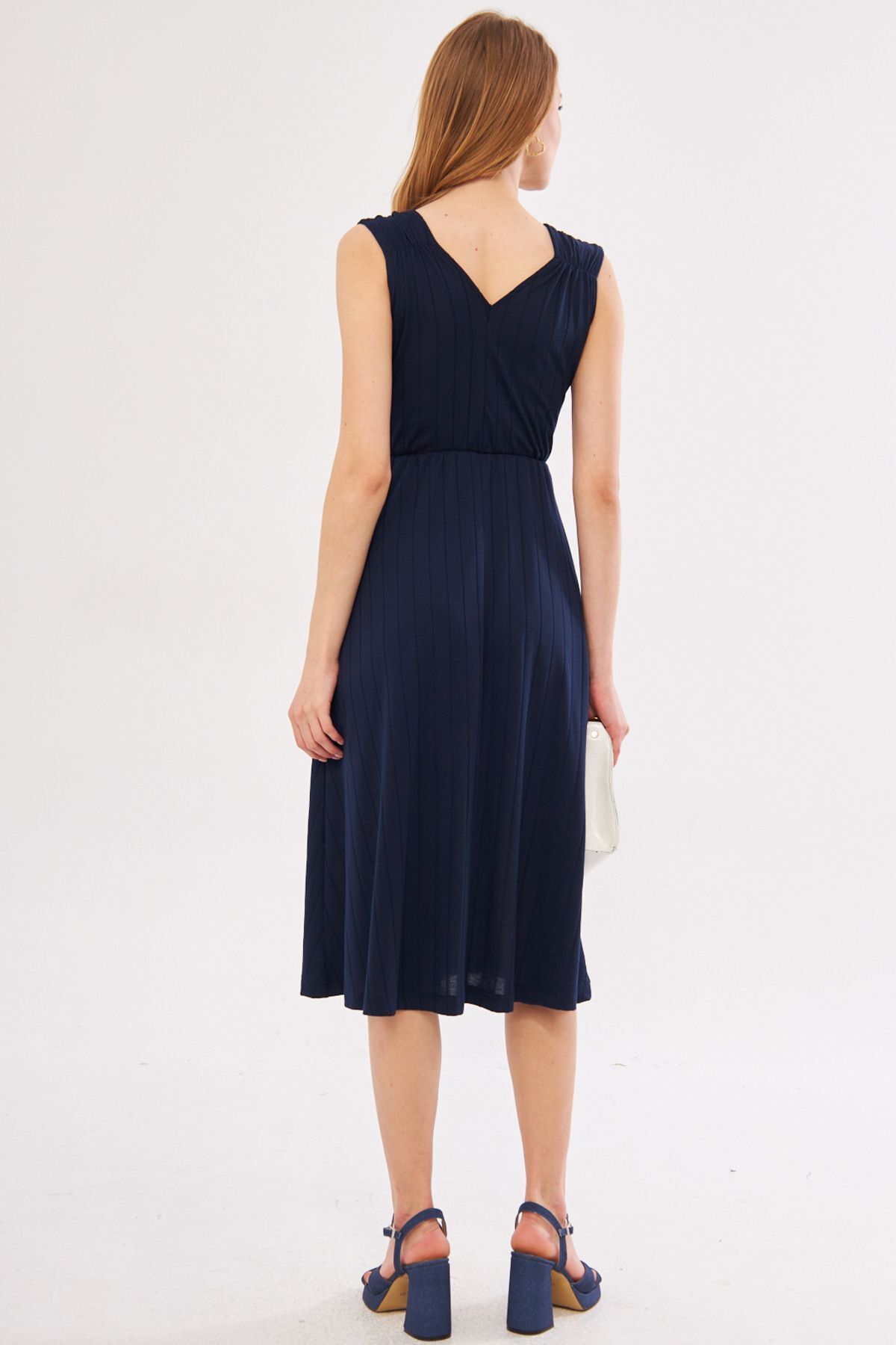 Woman Navy blue waist and shoulder tire skirt cruve collar midi size dress ARM-24Y001017