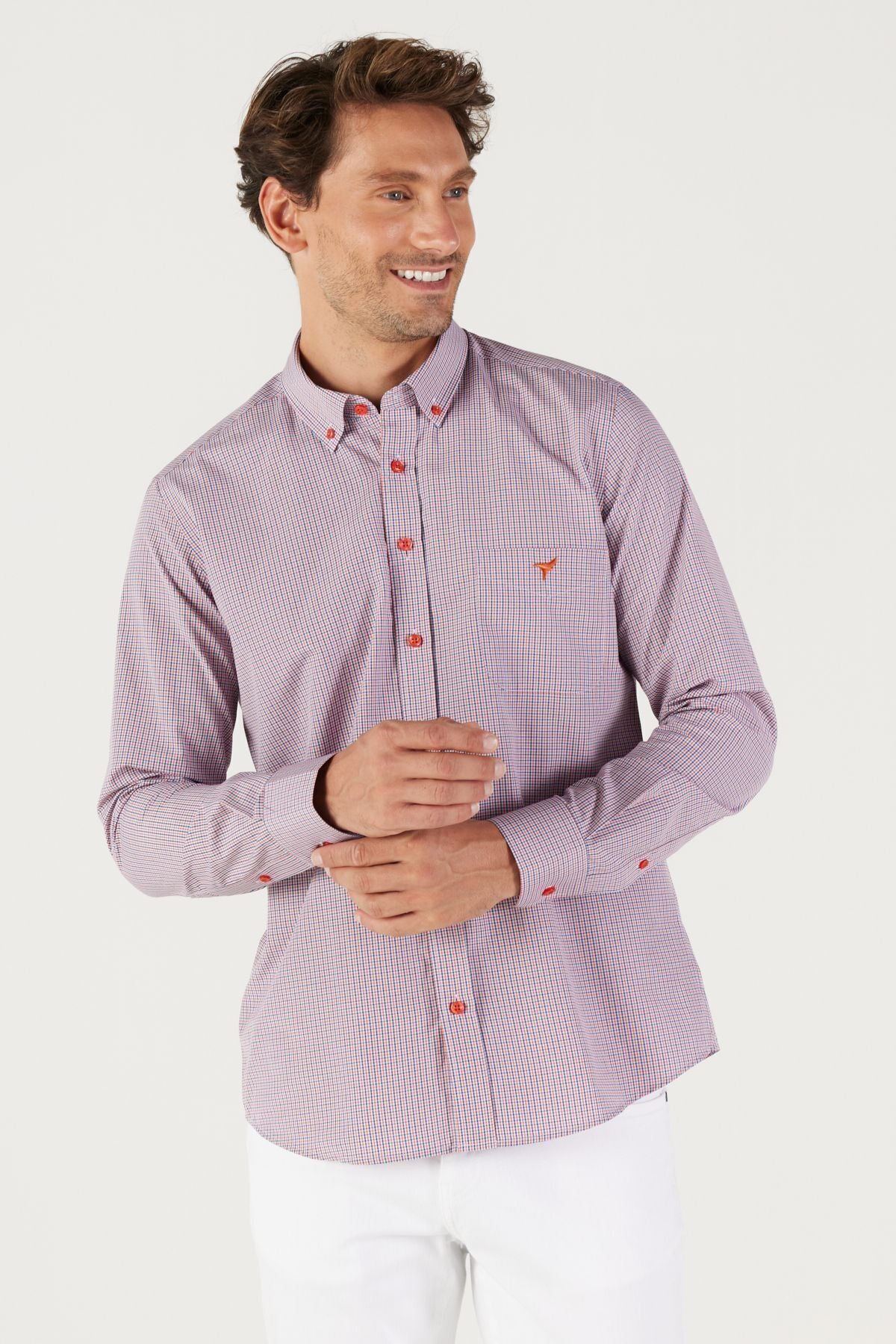 Men's navy blue-red slim fit narrow cut buttoned collar logo cotton pocket striped shirt