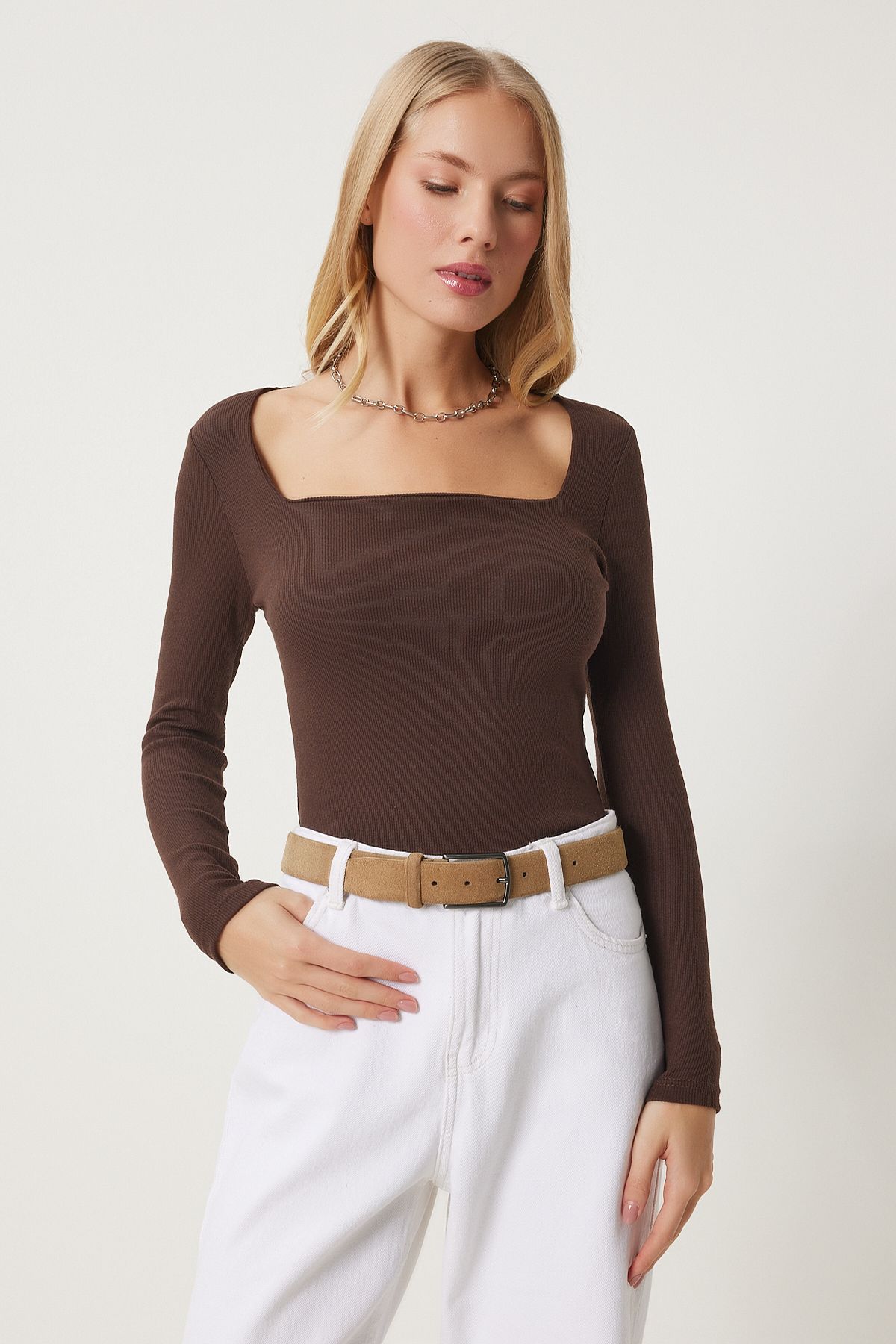 Female Brown Square Collar Wick Knitting Blouse GT00052