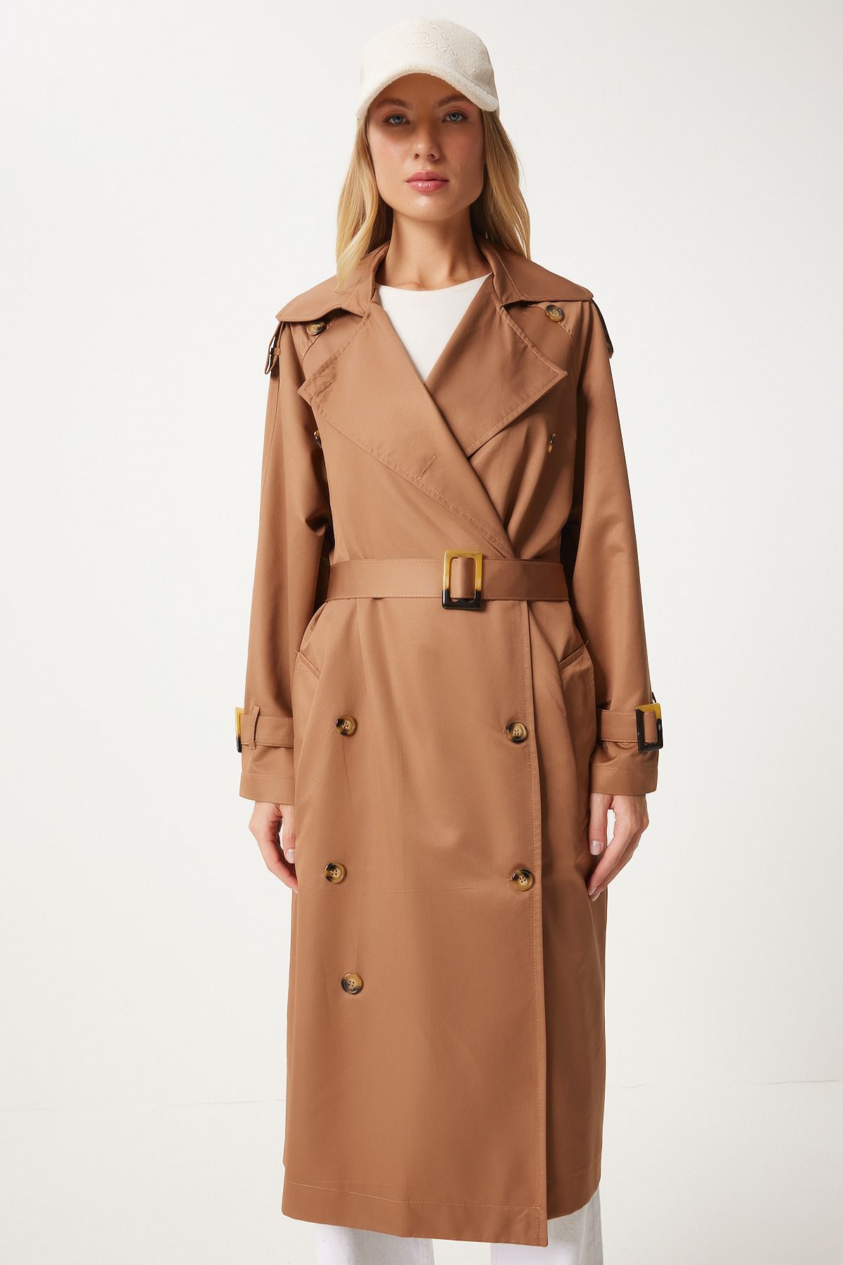 Female brown buckle arched seasonal trench coat FN03292