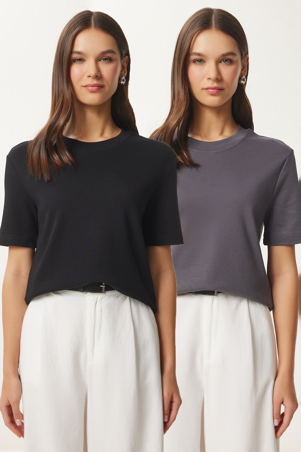 Women's Black Smoked 2 Pack Cotton Basic Knitting T-Shirt AG00002