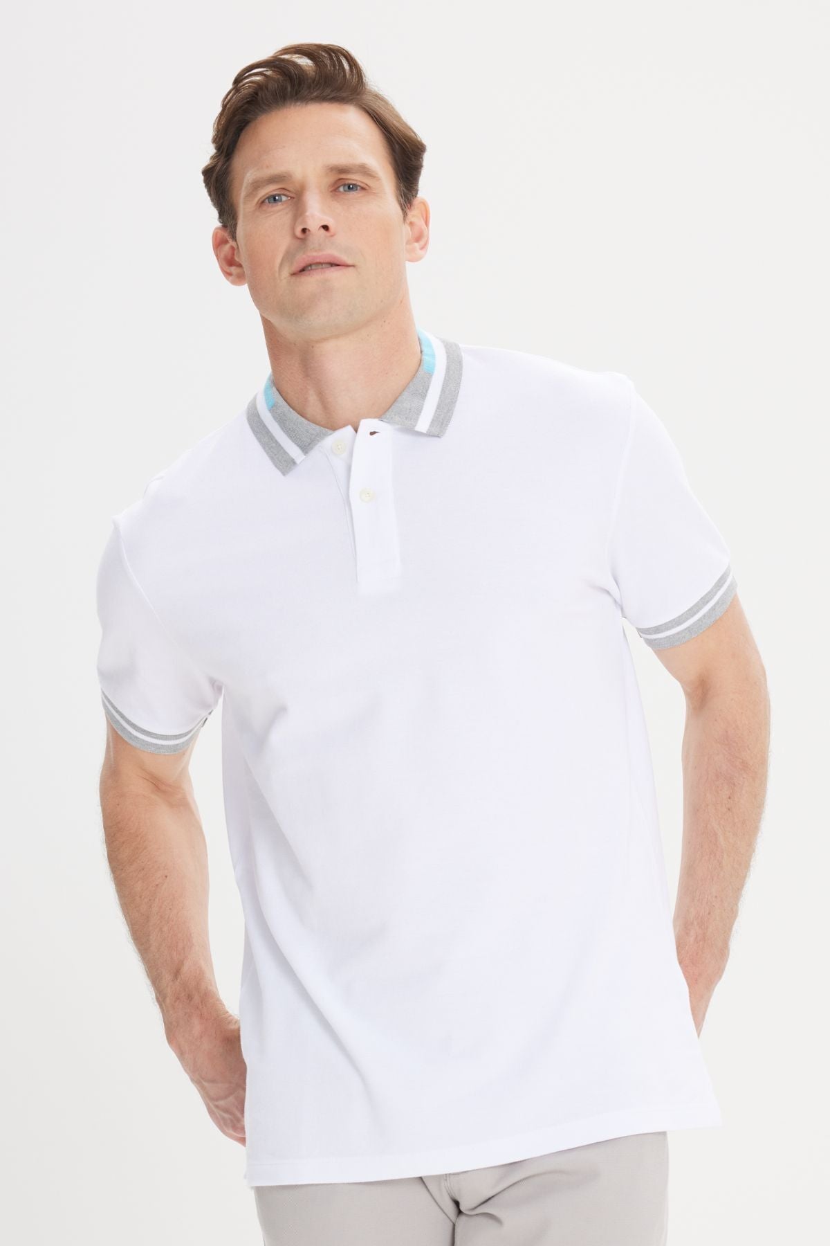 Men's white slim fit narrow cut 100 %cotton Curgered Polo Yaka T -shirt