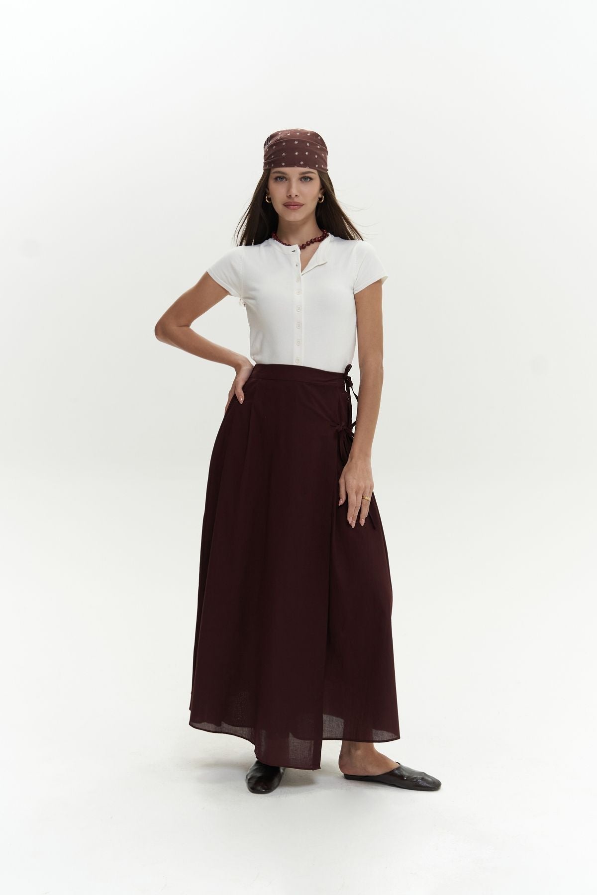 Aida rope detail pleated burgundy skirt