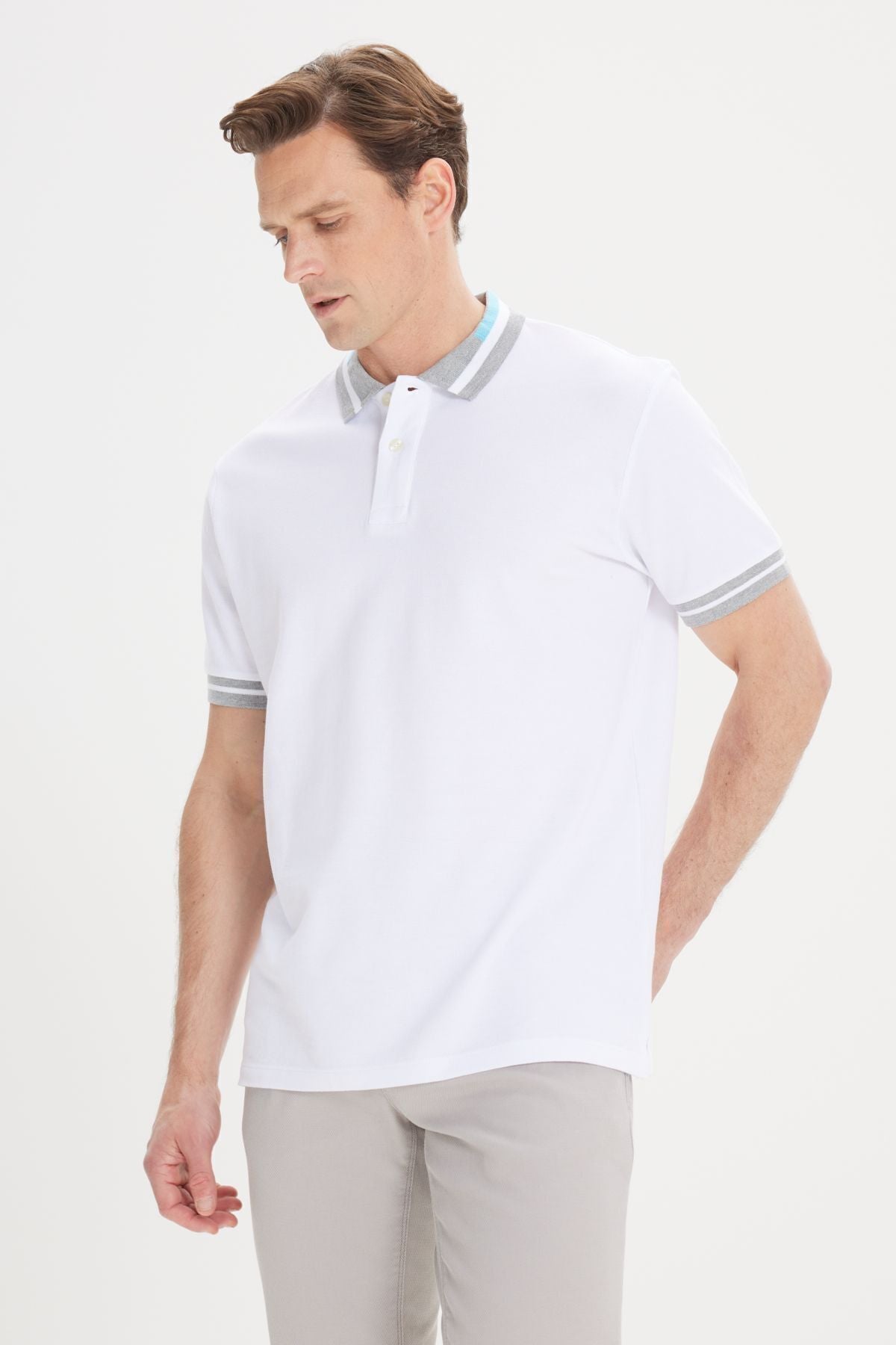 Men's white slim fit narrow cut 100 %cotton Curgered Polo Yaka T -shirt