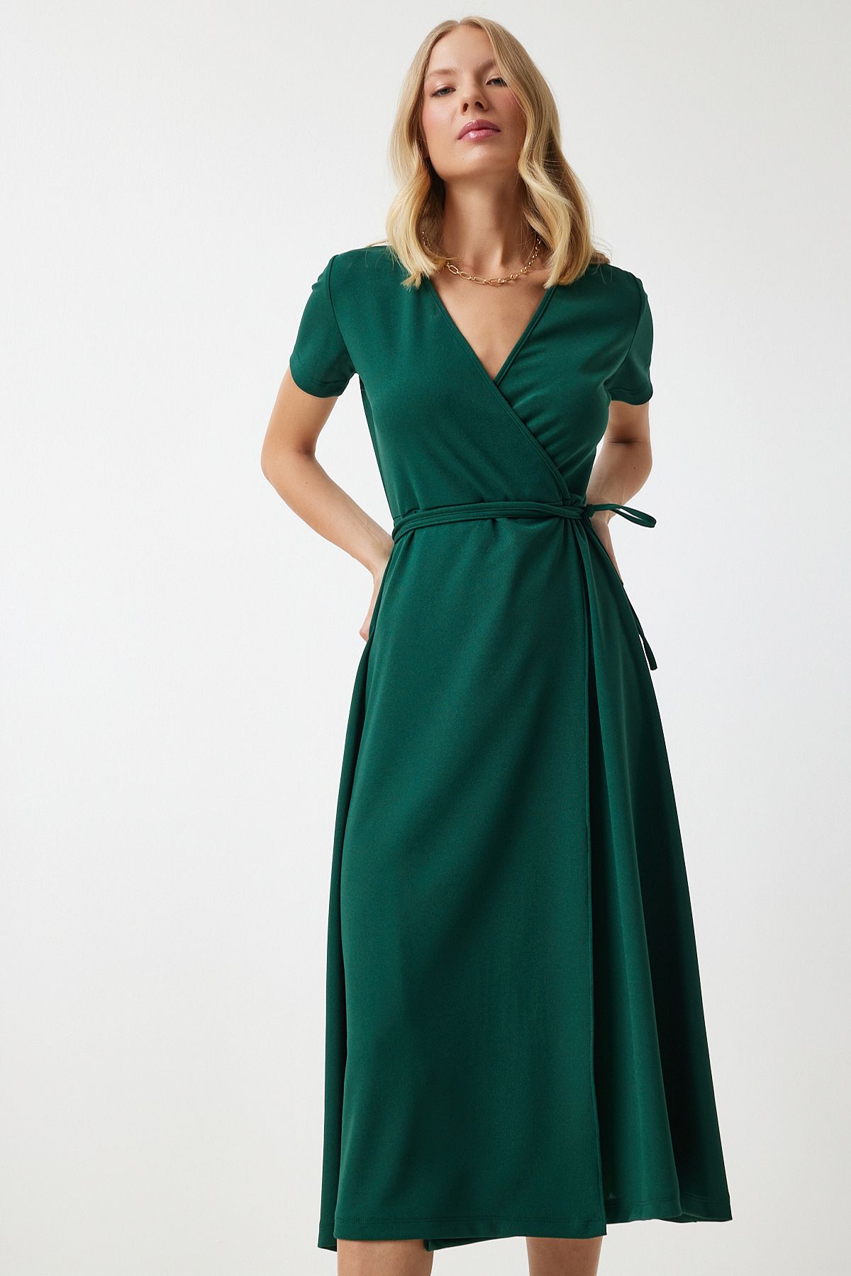 Female Emerald Green V -Yaka Anvelop Midi Knitting Dress to00134