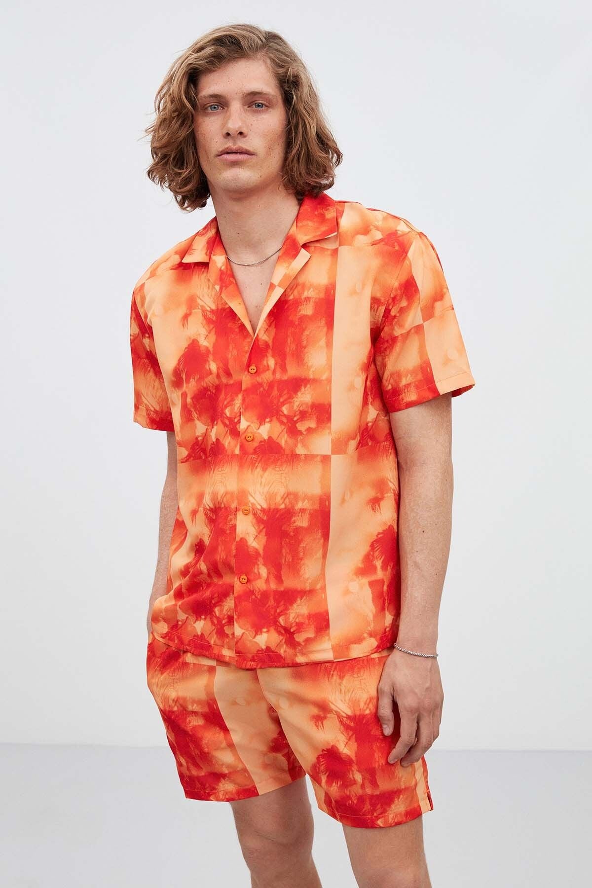 Playa Men's Patterned Shirt Shirt button Summer Orange Shirt