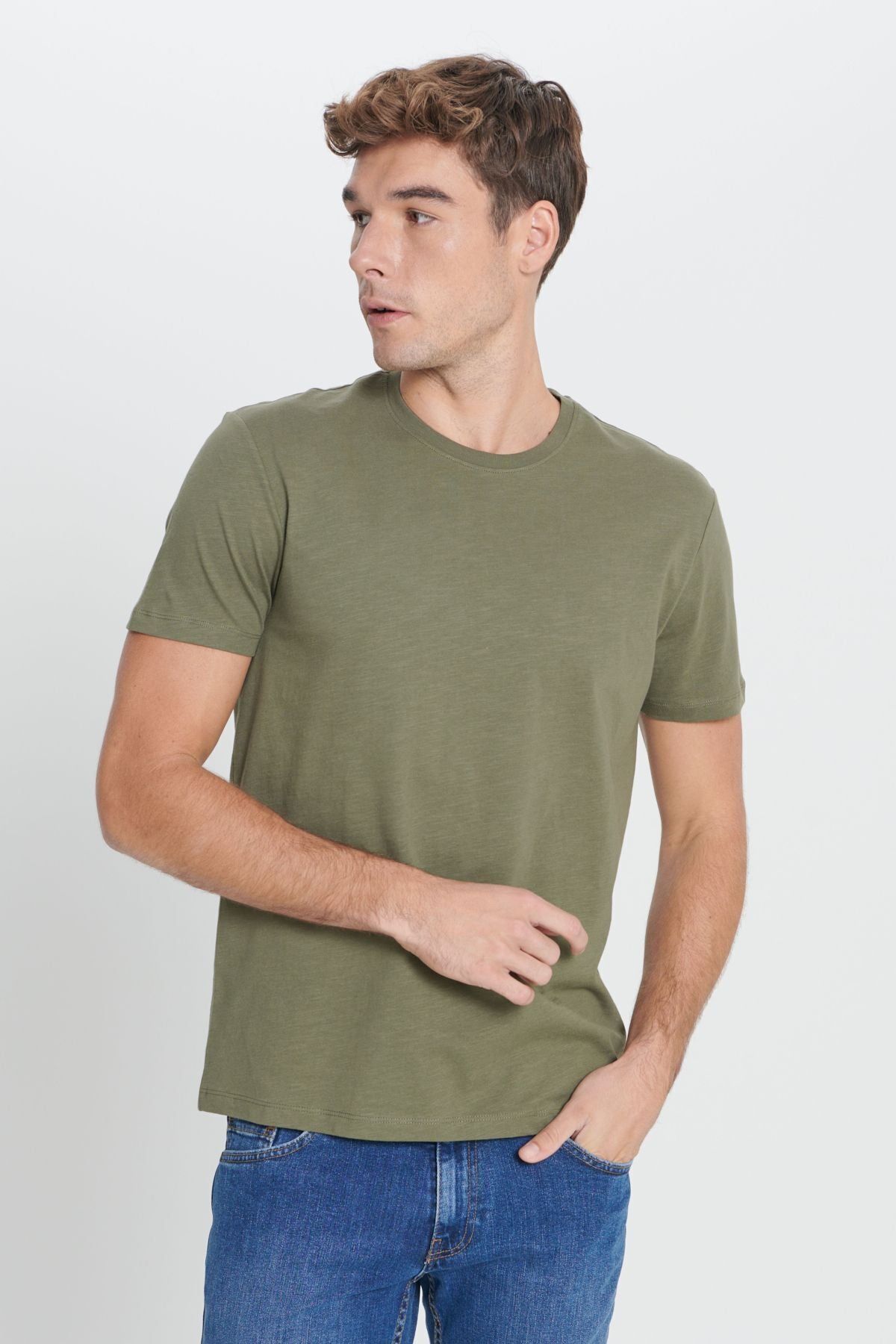 Men's Khaki Slim Fit Narrow Cut 100 %Cotton Bicycle Yaka T -shirt