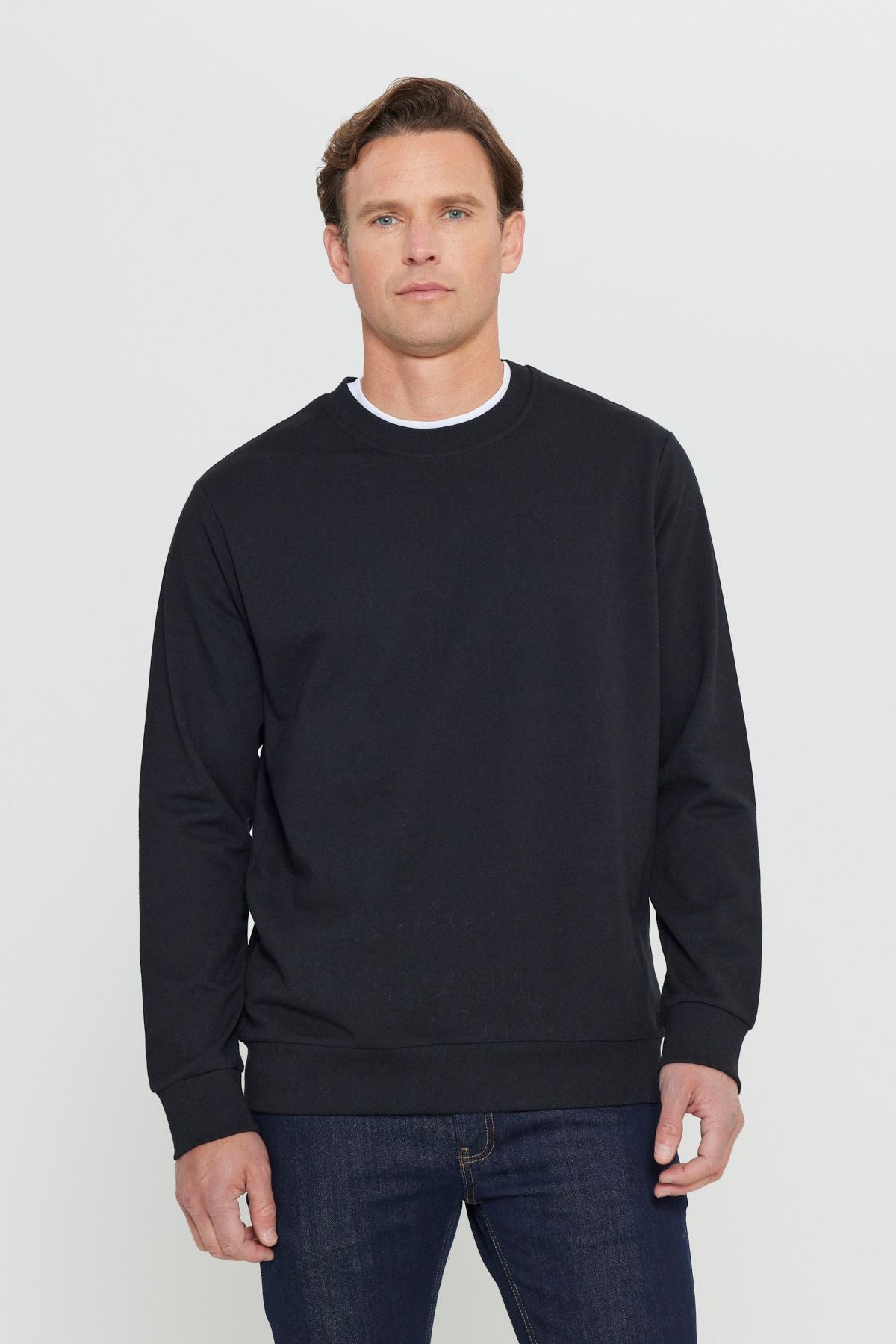 Men's Black Standard Fit Normal Cutting 2 Yarn Cotton Bicycle Collar Sweatshirt
