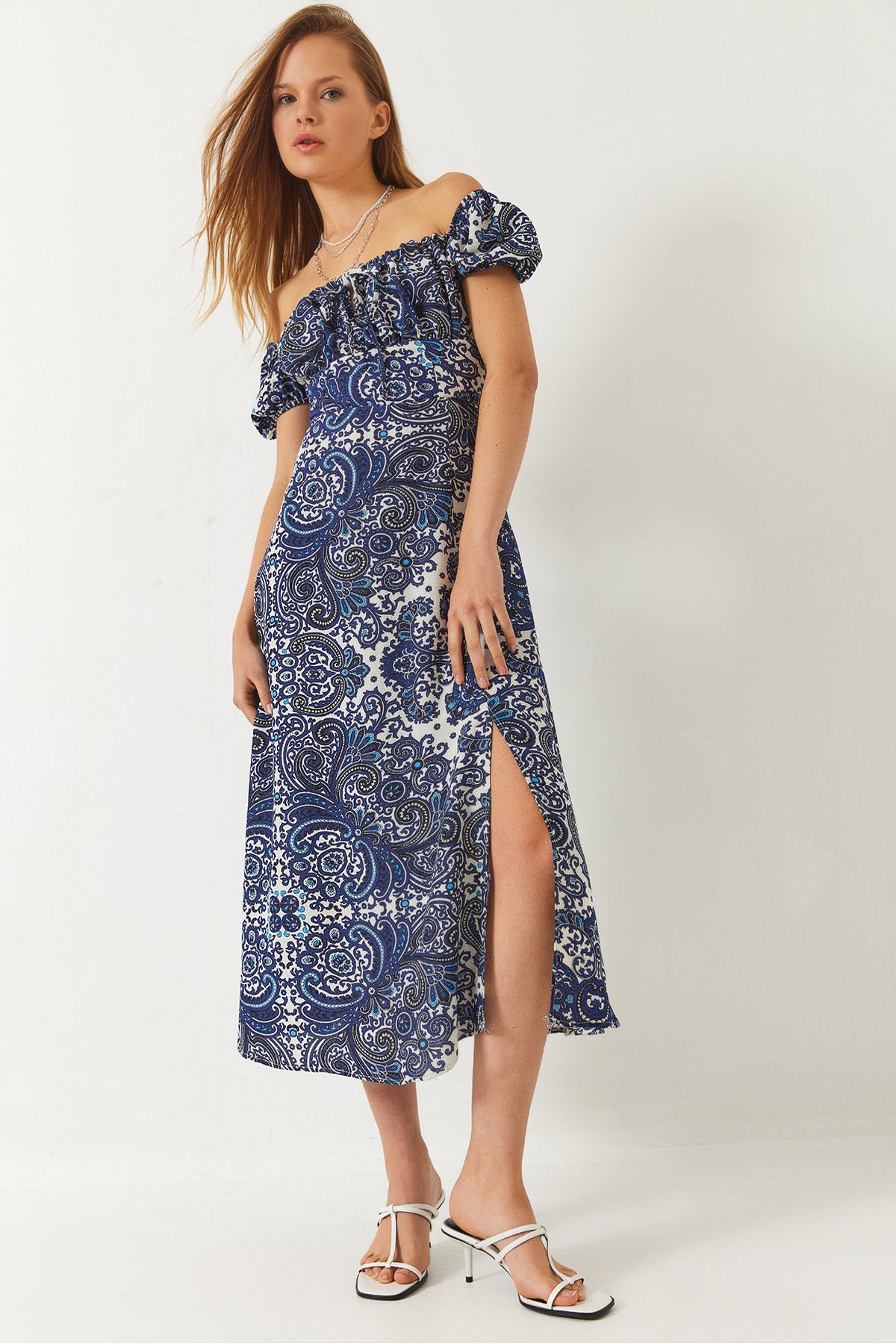 Women's Tie Collar Slit Detailed Patterned Midi Dress 60261478