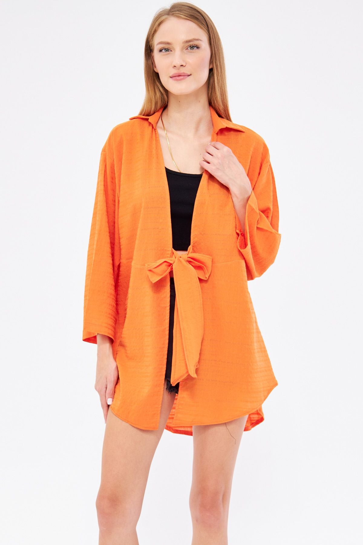 Female Orange Self-striped front-binding Kimono Shirt ARM-24Y001101