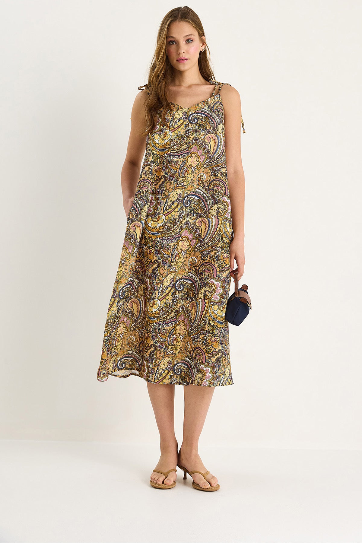 Women's Tie Strap V-Neck Pocket Detailed Patterned Midi Dress 25-083 60283458