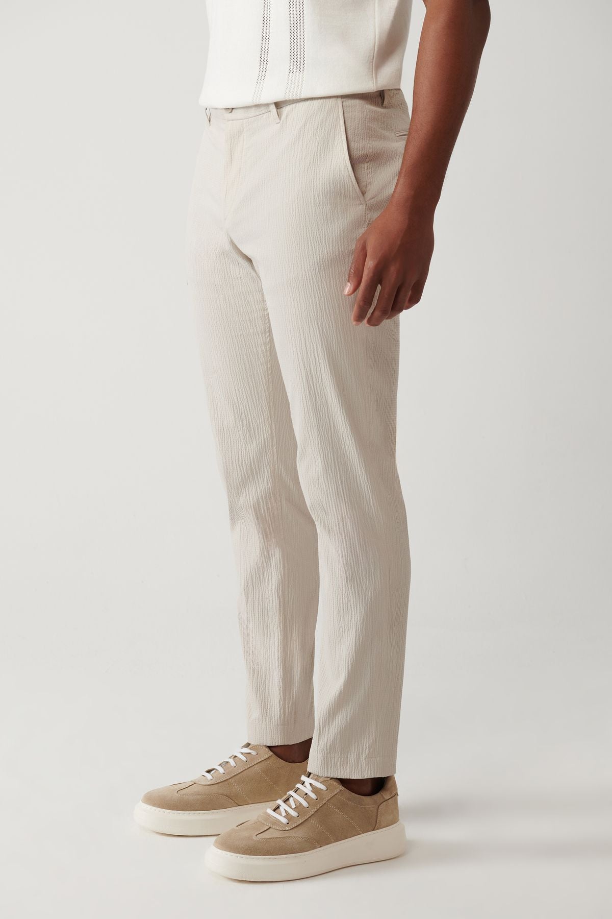 Men's Beige Side Pocket Flexible Fabric Wedding Cotton Lightweight Pants A41y3202