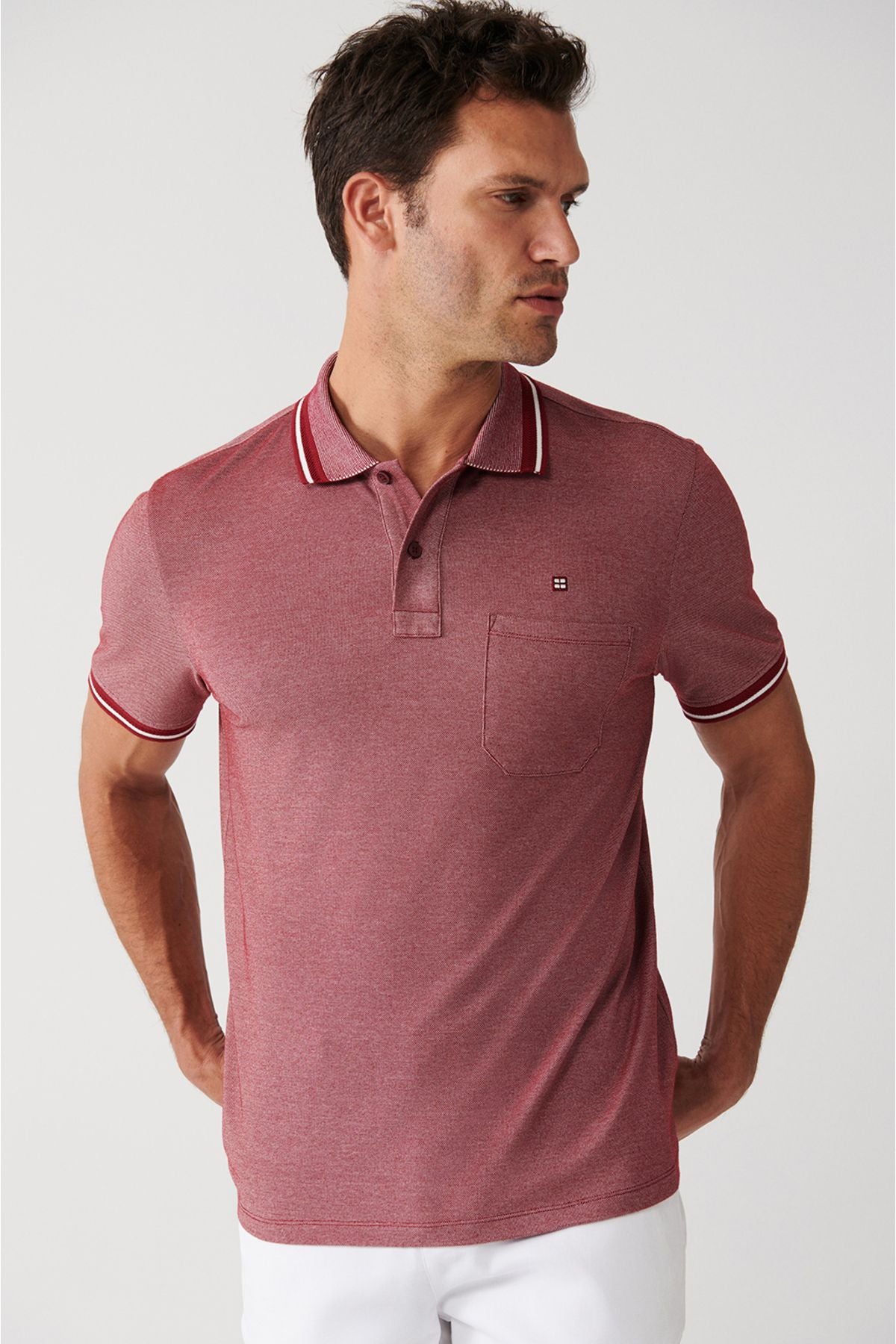 Men's Bordeaux Polo collar T-shirt Curved Neck Pocket Regular Fit 2 Button E001031