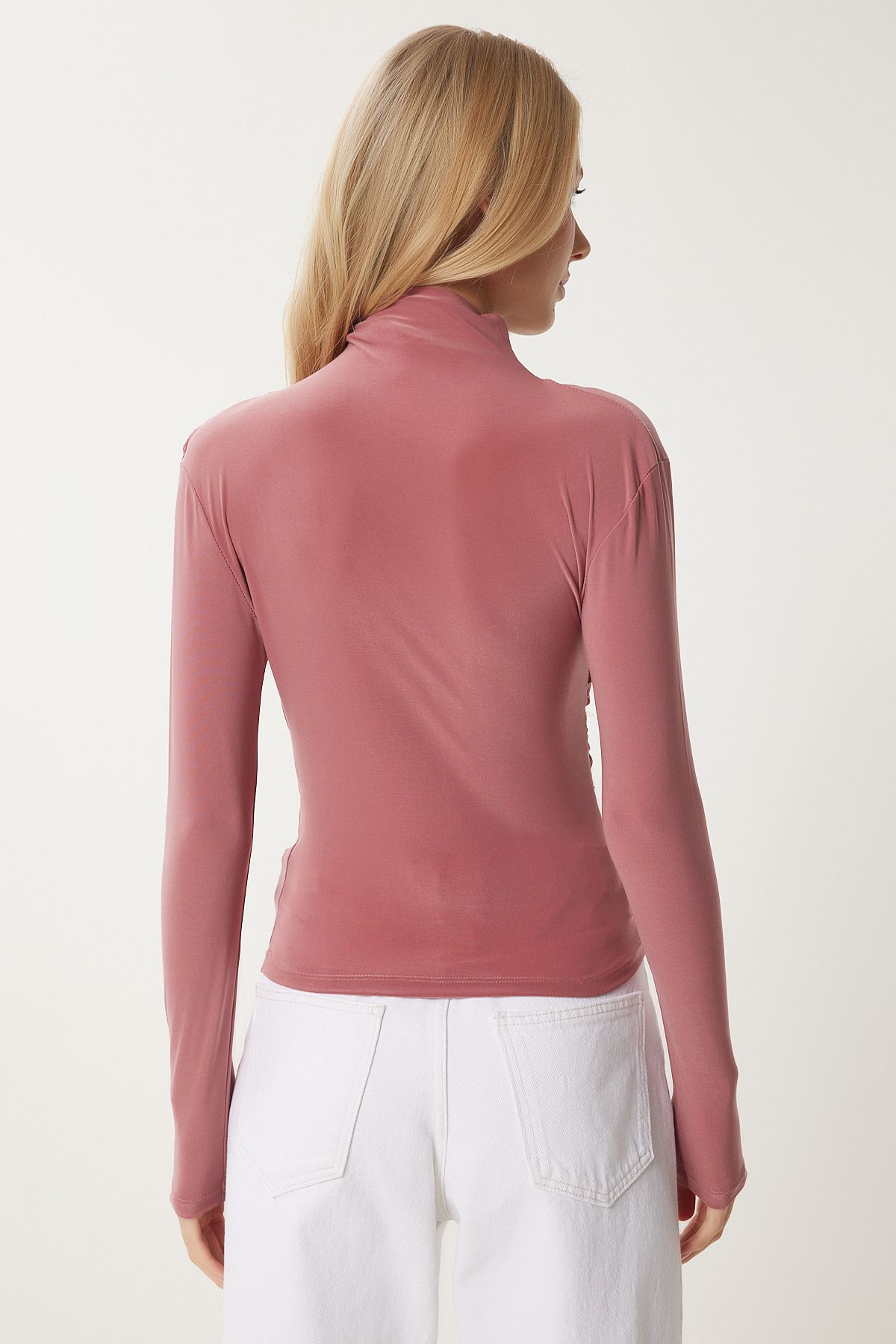 Female rose dry shirring detailed upright collar sandy blouse ff00135