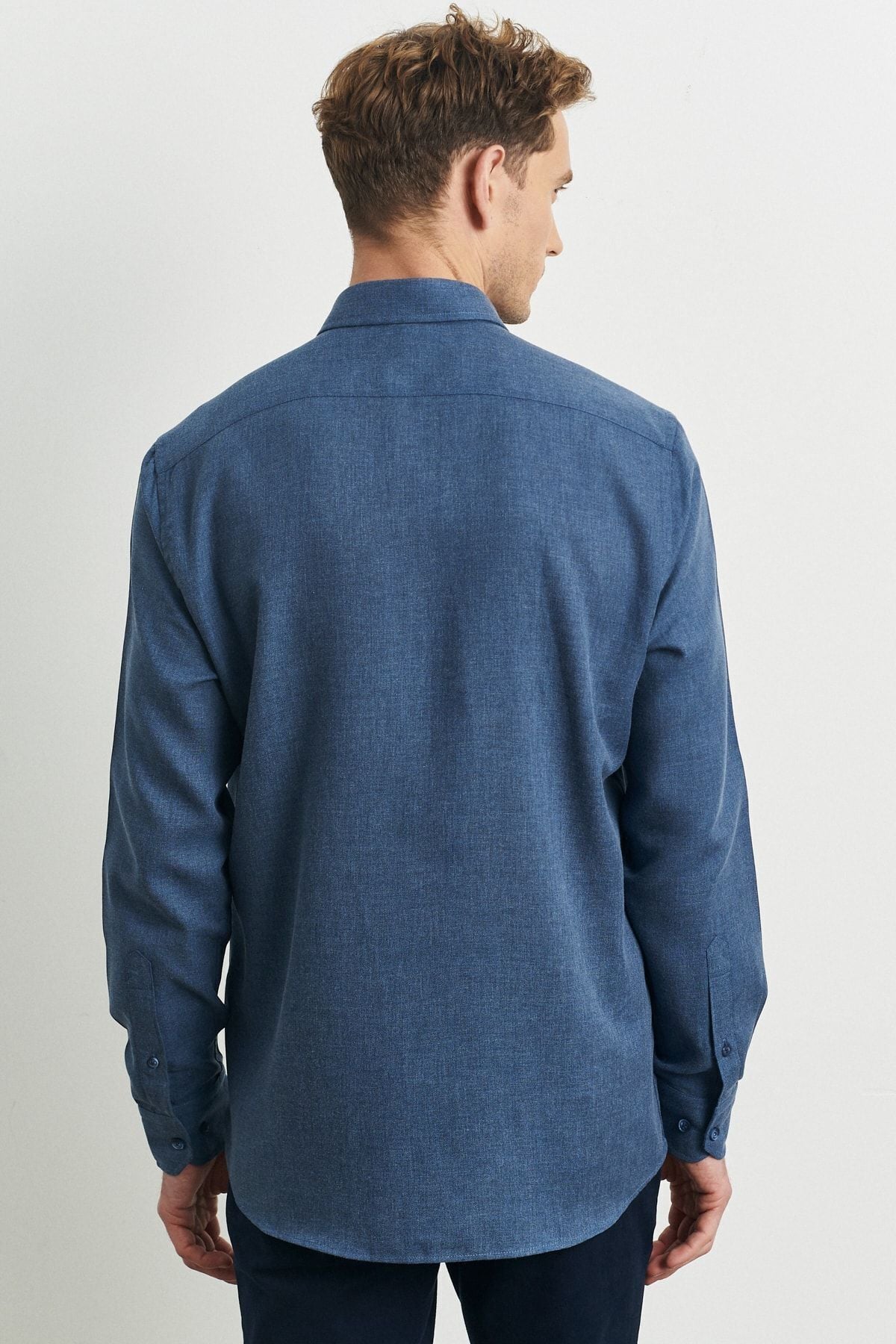 Men's Indigo slim fit narrow cut buttoned collar flannel wood shirt