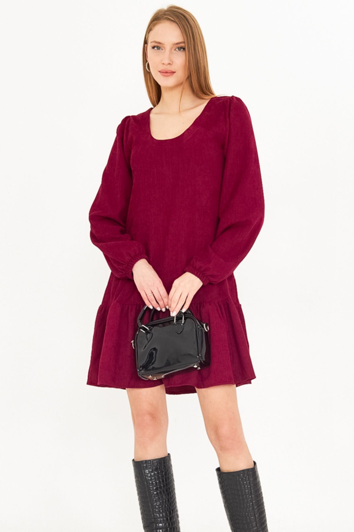 Women's Pins U collar skirt tip frilly arms with rubber velvet short dress ARM-25K001086