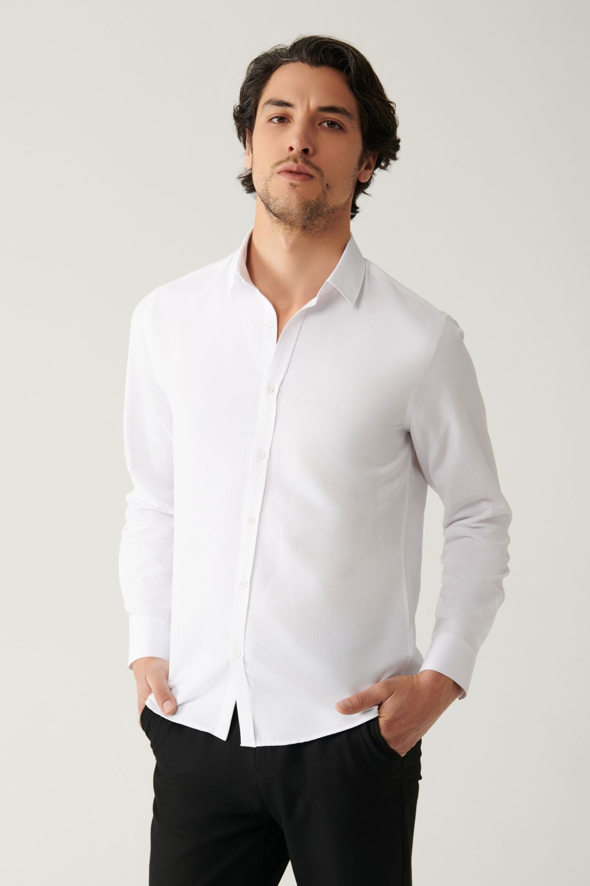 Men's white easy ironable cotton mixed shirt A41y2237