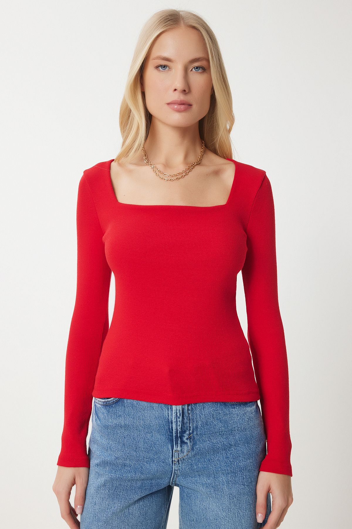 Female Green Red Square Neck 2 Plot Knitting Blouse GT00056