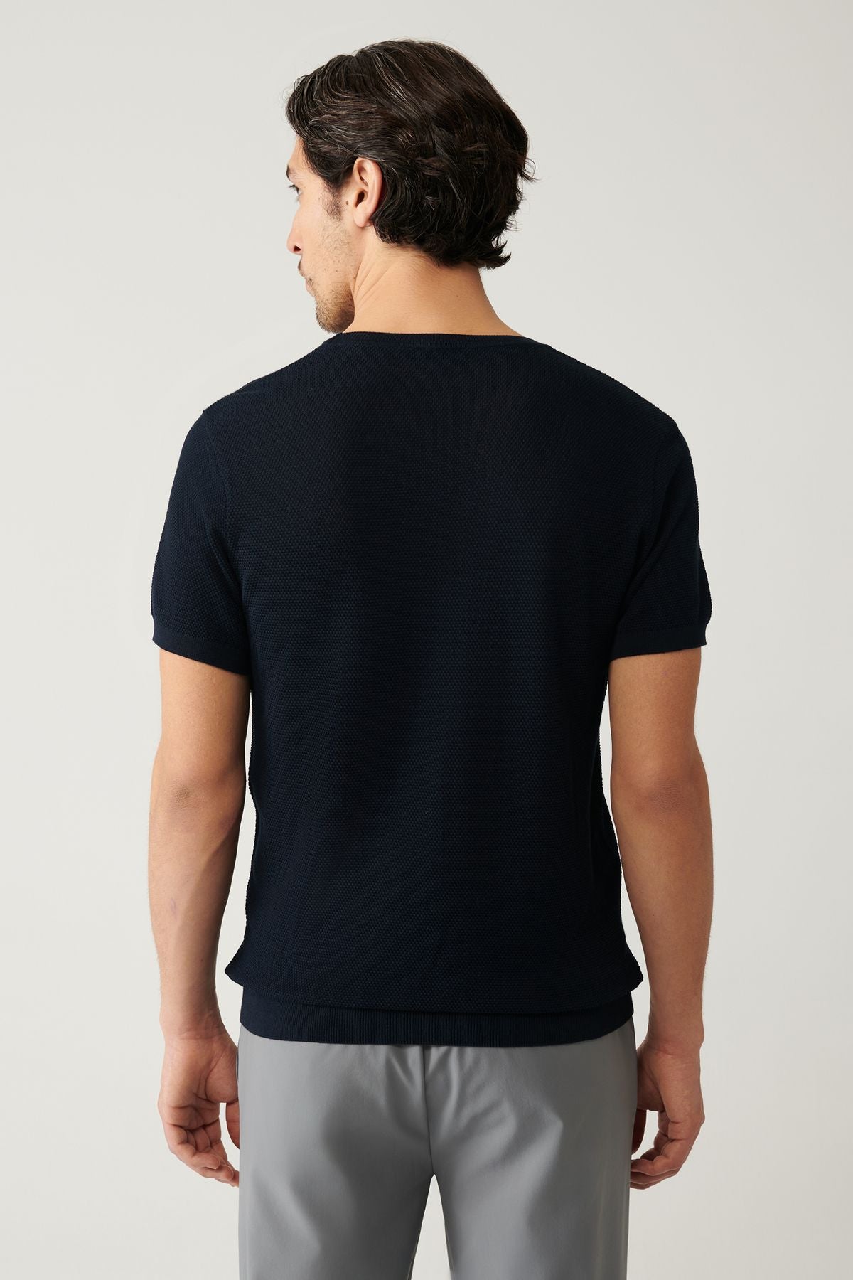 Men's dark navy blue knitwear t-shirt bike collar textured cotton regular fit E005027