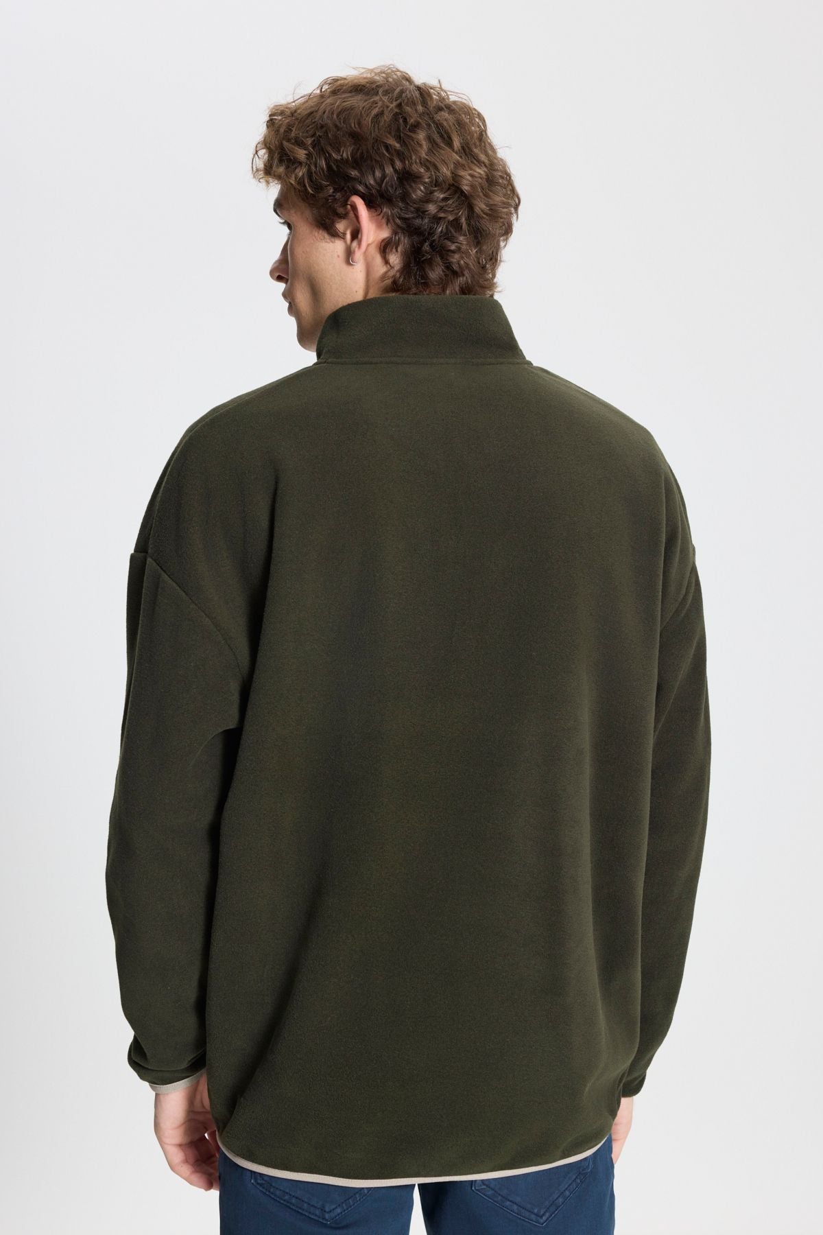 Men's Khaki Oversize Plenty of Preep Bato Yaka Pocket Detailed Zipper Cold -proof Polar Sweatshirt