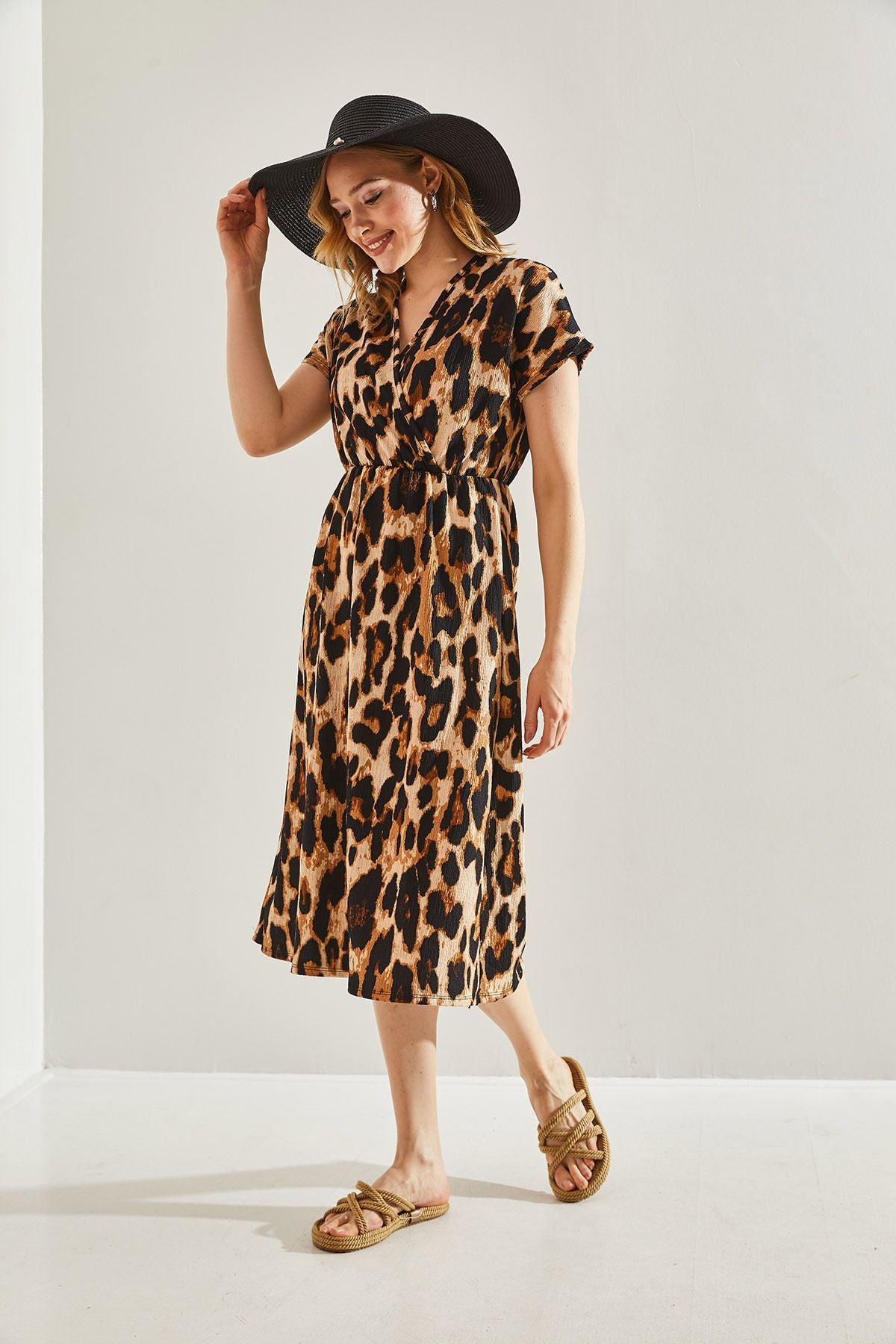 Woman Waist Rubber Cruve Collar Leopard Patterned Dress 60221029